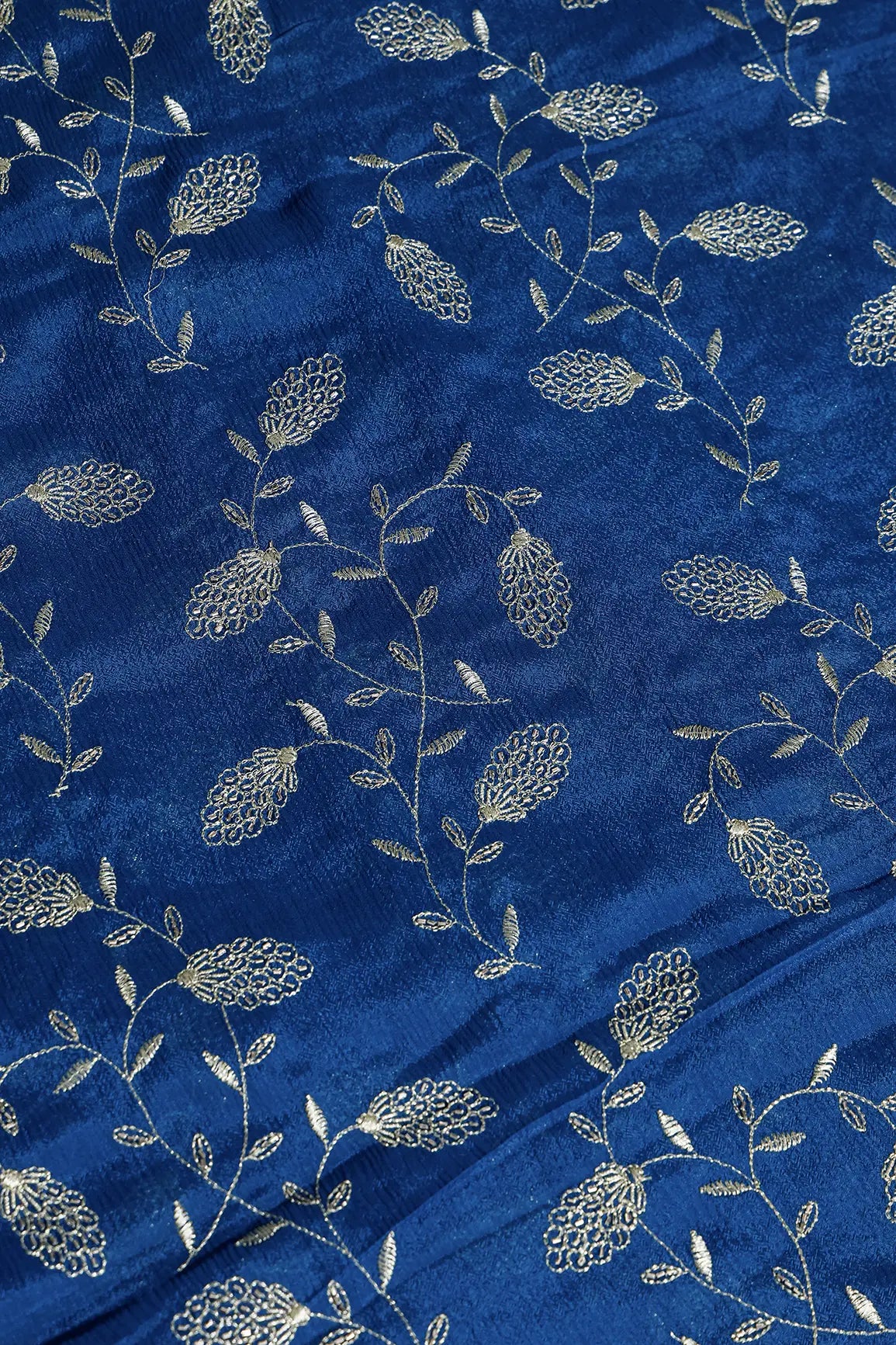 Gold Zari With Beads Leafy Embroidery Work On Prussian Blue Chinnon Chiffon Fabric