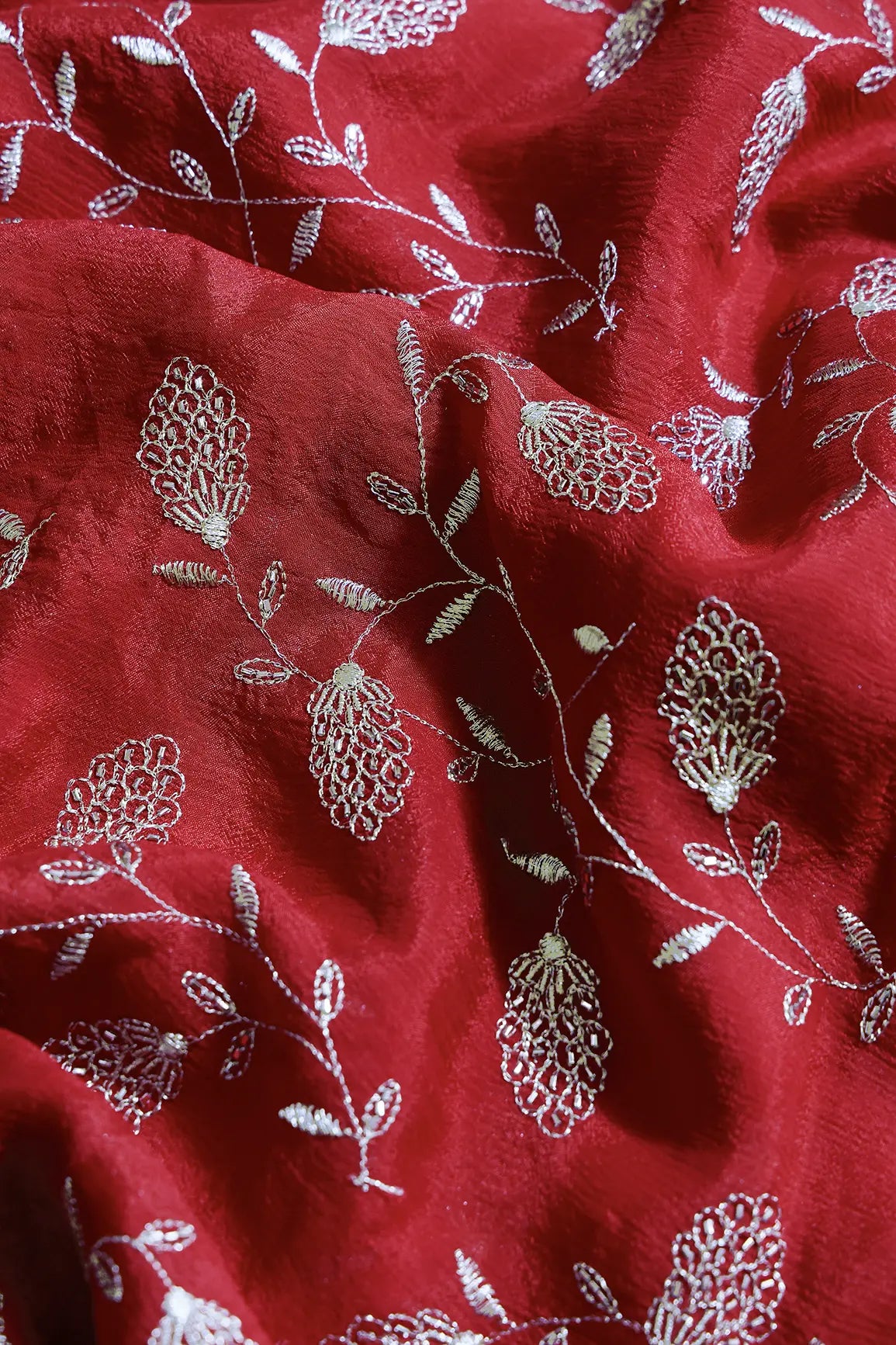Gold Zari With Beads Leafy Embroidery Work On Red Chinnon Chiffon Fabric