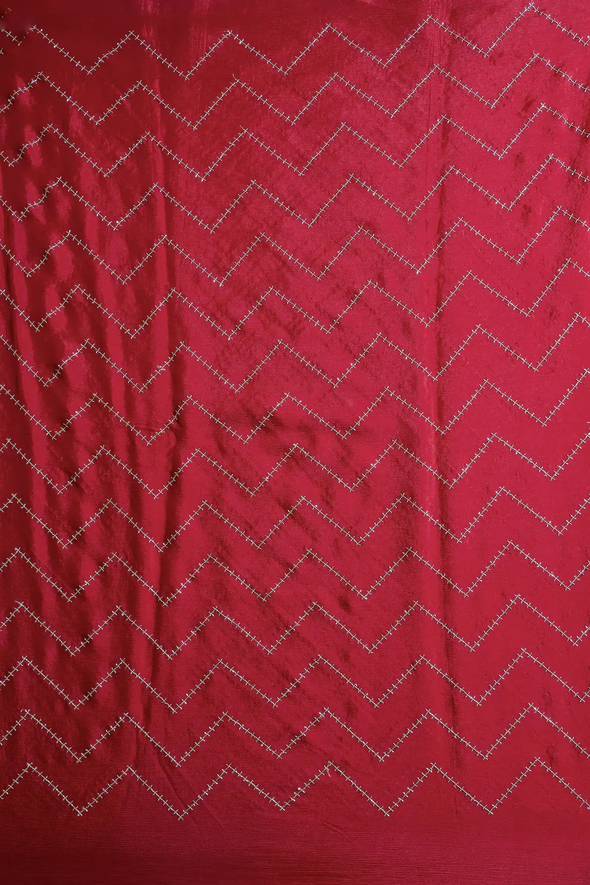 Gold Beads Cut Dana Chevron Embroidery Work On Red Chinnon Chiffon Fabric