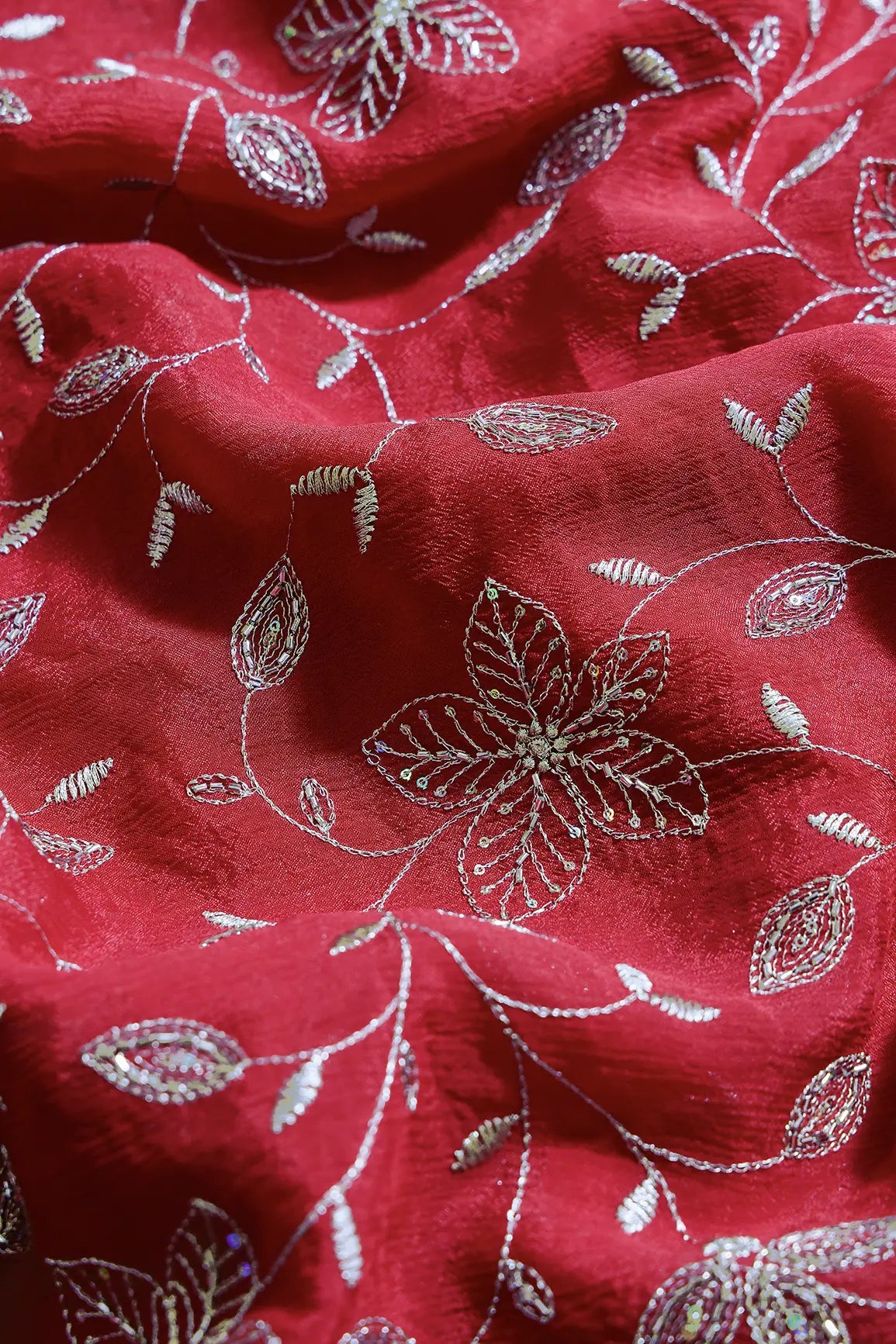 Multi Sequins & Beads With Zari Floral Leafy Embroidery Work On Red Chinnon Chiffon Fabric