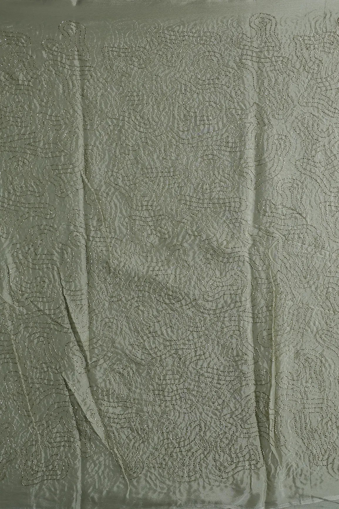 Cut Dana Beads Appealing Abstract Embroidery Work On Olive Chinnon Chiffon Fabric