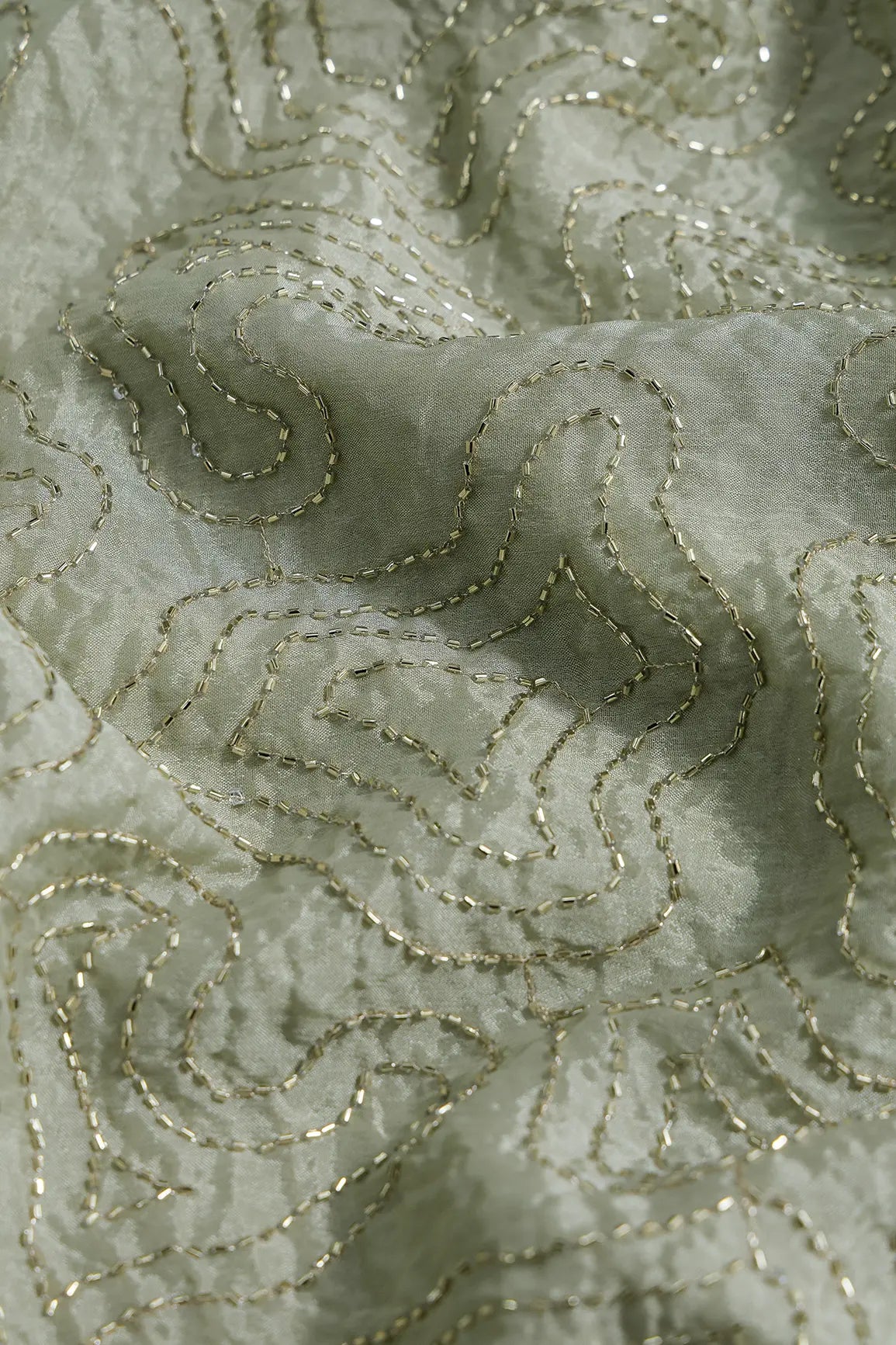 Cut Dana Beads Appealing Abstract Embroidery Work On Olive Chinnon Chiffon Fabric