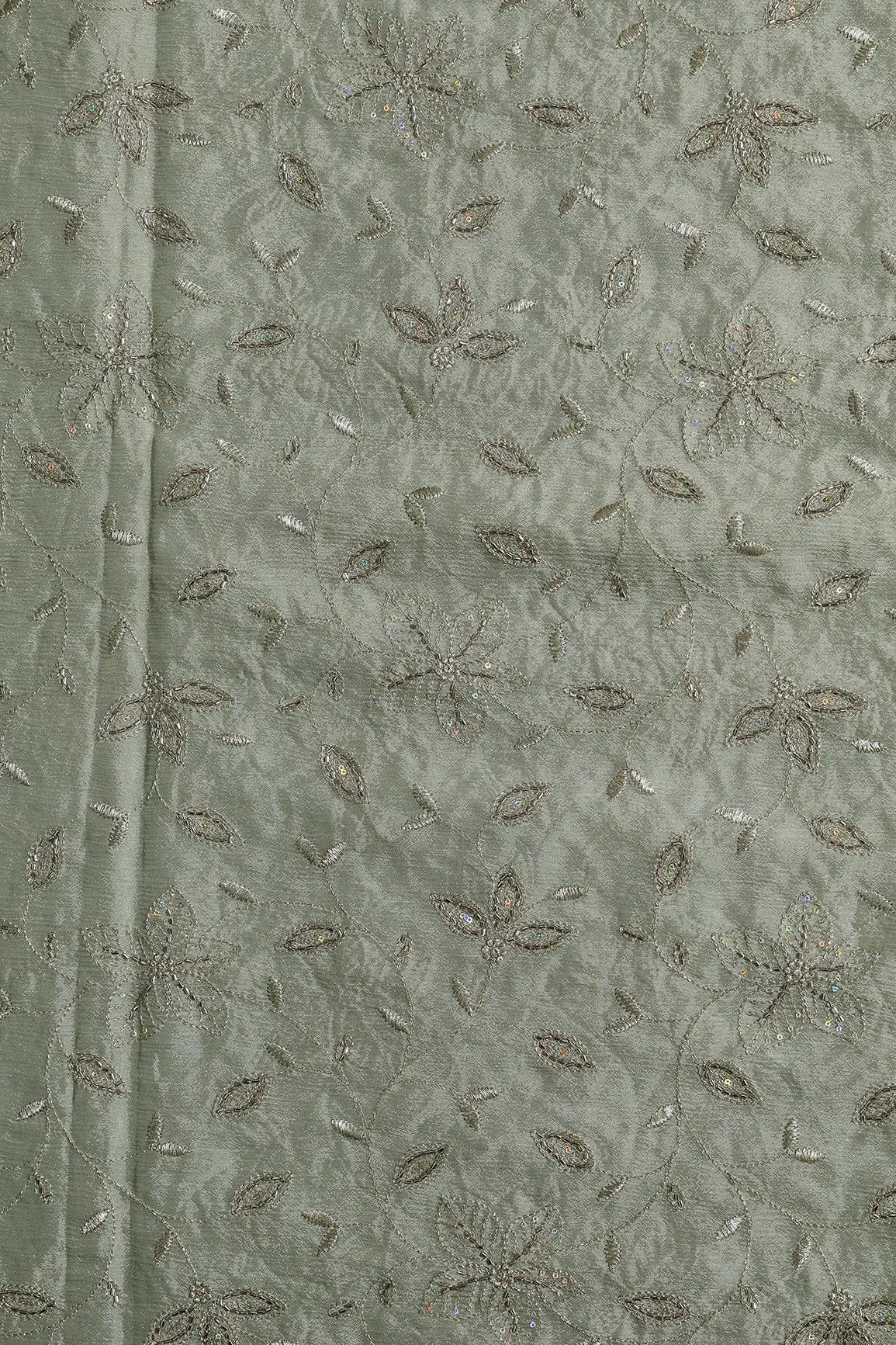 Multi Sequins & Beads With Zari Floral Leafy Embroidery Work On Olive Chinnon Chiffon Fabric