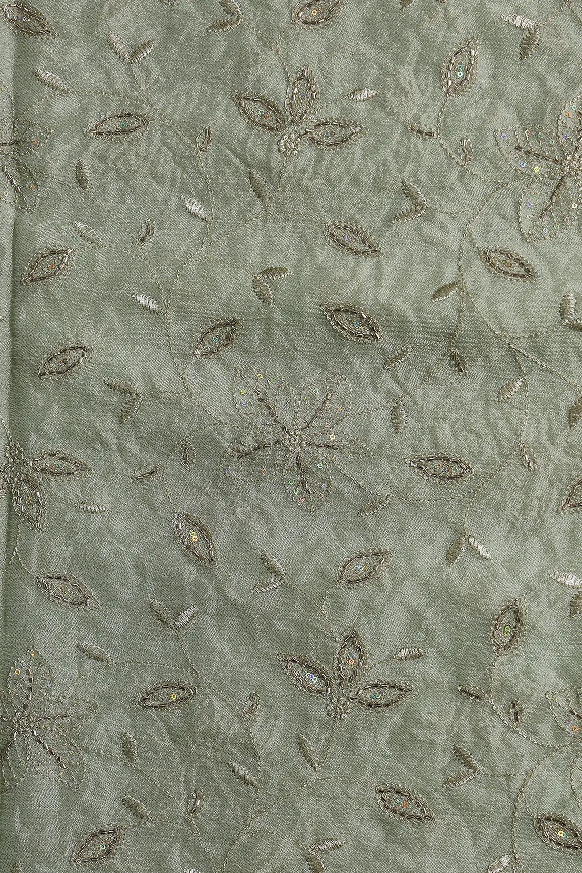 Multi Sequins & Beads With Zari Floral Leafy Embroidery Work On Olive Chinnon Chiffon Fabric