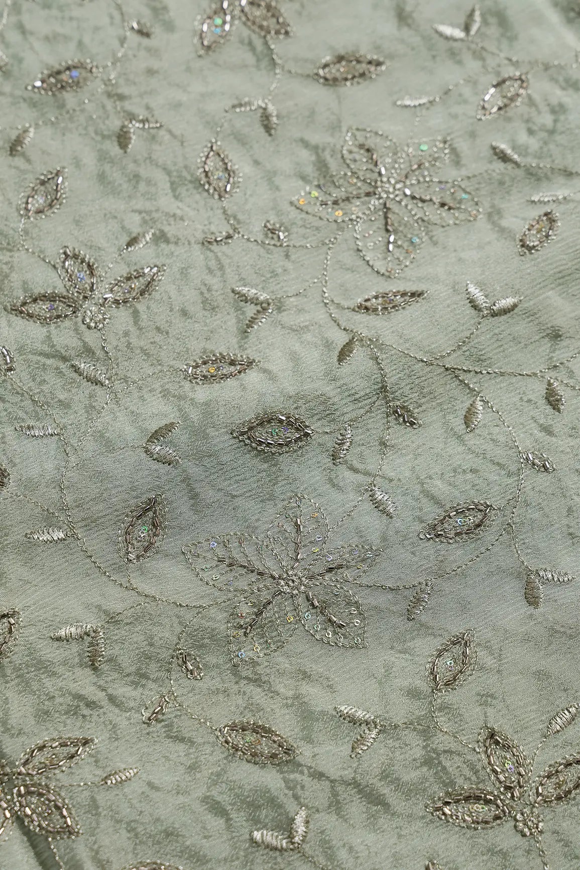 Multi Sequins & Beads With Zari Floral Leafy Embroidery Work On Olive Chinnon Chiffon Fabric