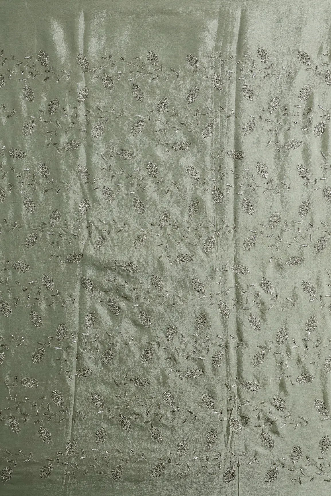 Gold Zari With Beads Leafy Embroidery Work On Olive Chinnon Chiffon Fabric