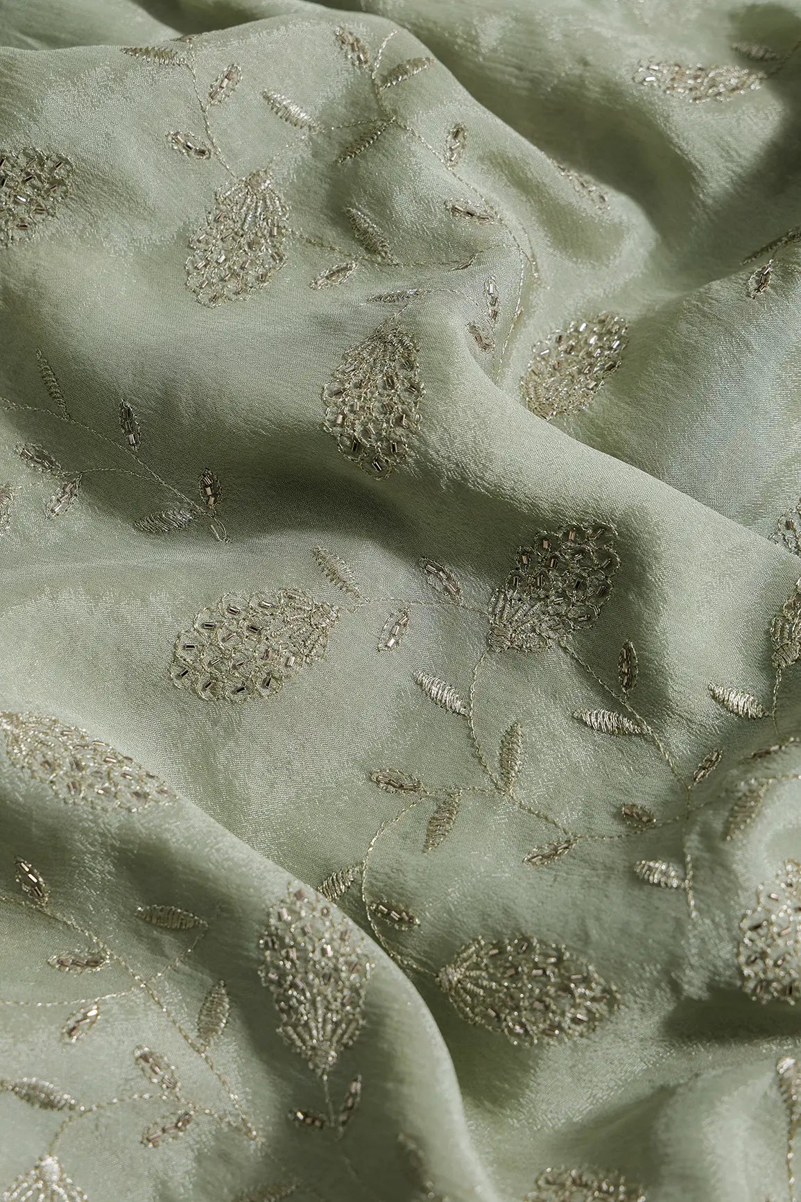 Gold Zari With Beads Leafy Embroidery Work On Olive Chinnon Chiffon Fabric