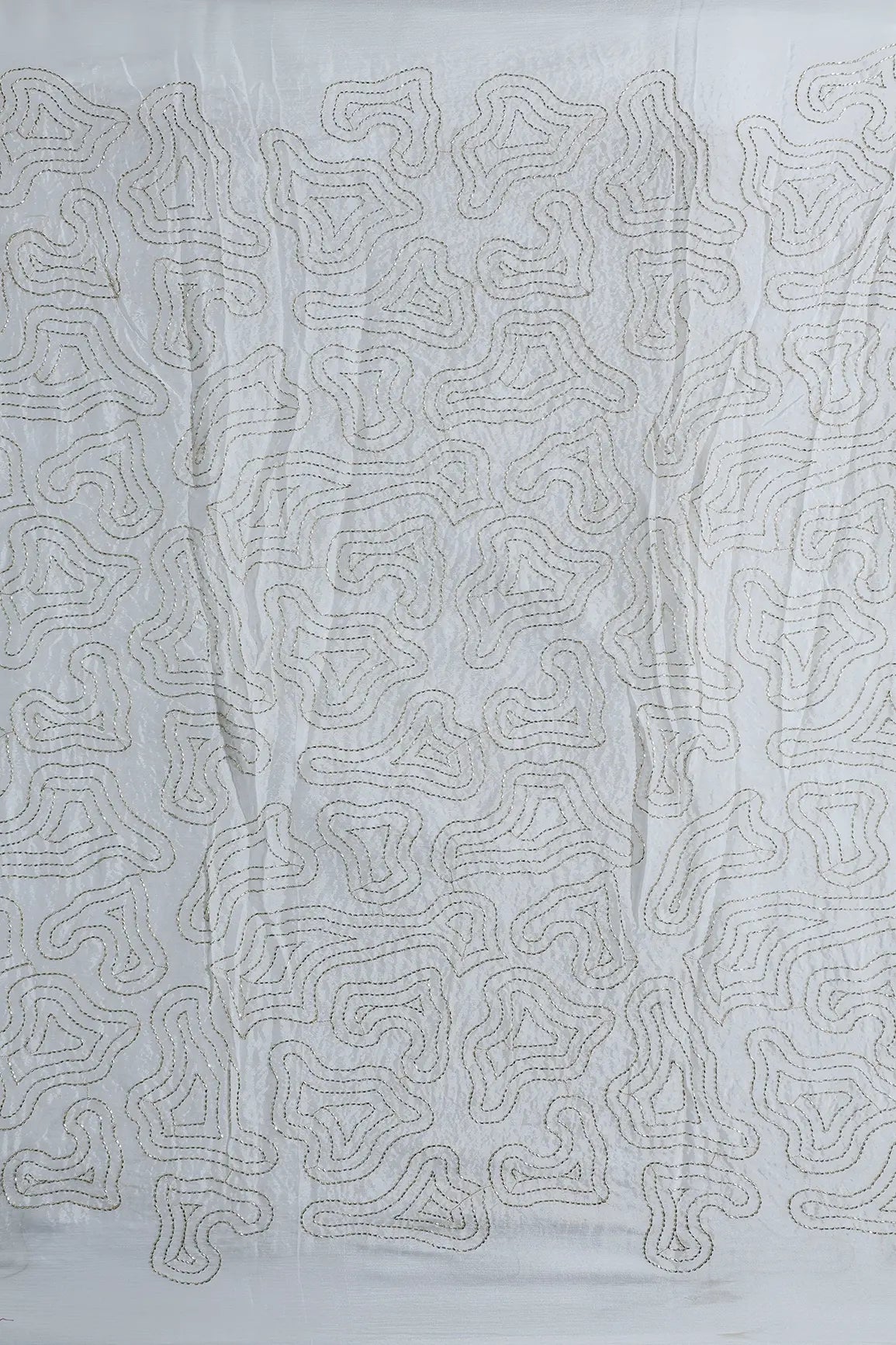 Cut Dana Beads Appealing Abstract Embroidery Work On Dyeable White Chinnon Chiffon Fabric