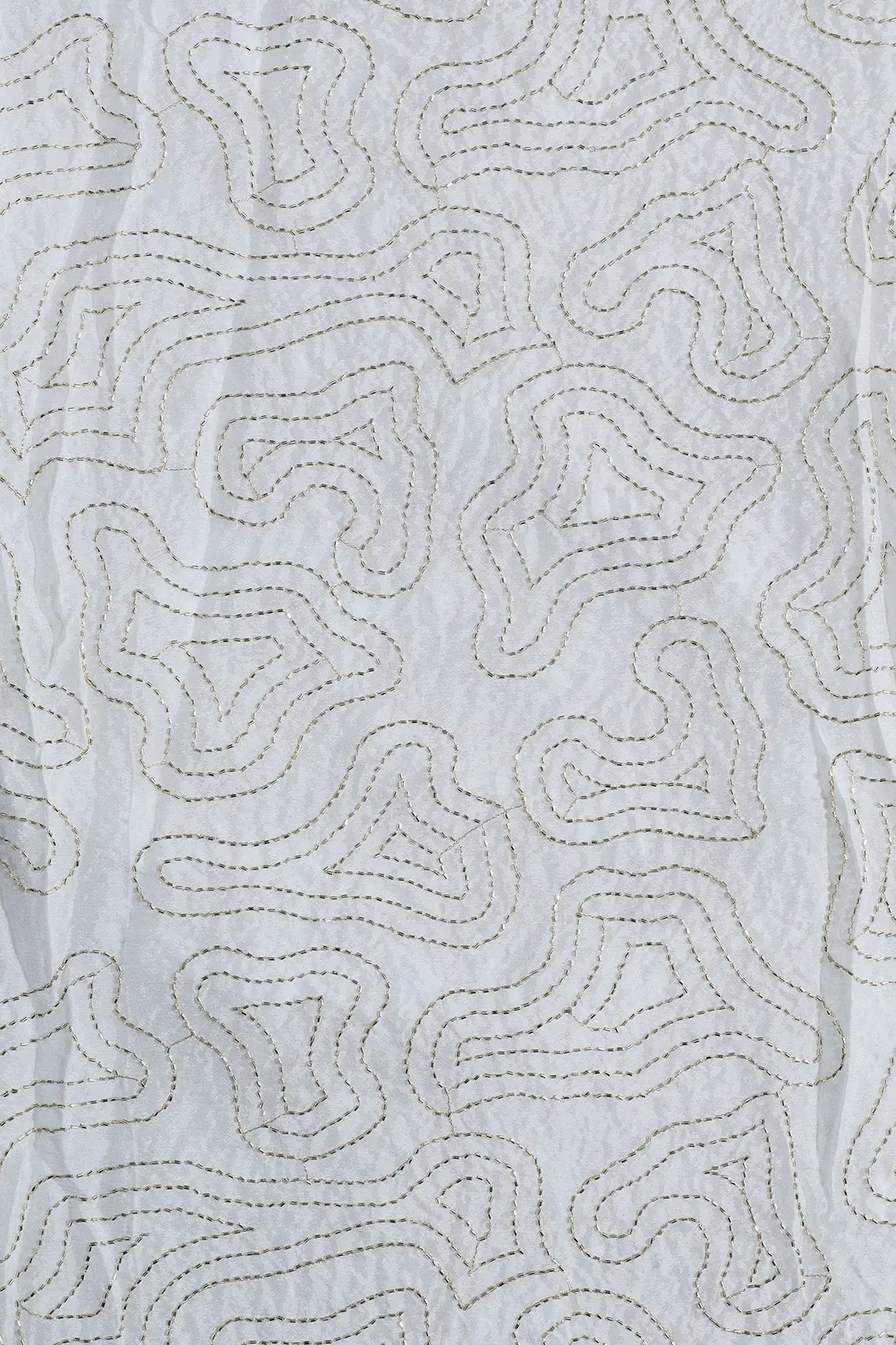 Cut Dana Beads Appealing Abstract Embroidery Work On Dyeable White Chinnon Chiffon Fabric