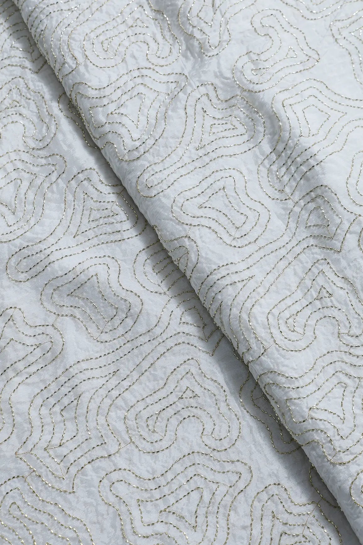 Cut Dana Beads Appealing Abstract Embroidery Work On Dyeable White Chinnon Chiffon Fabric