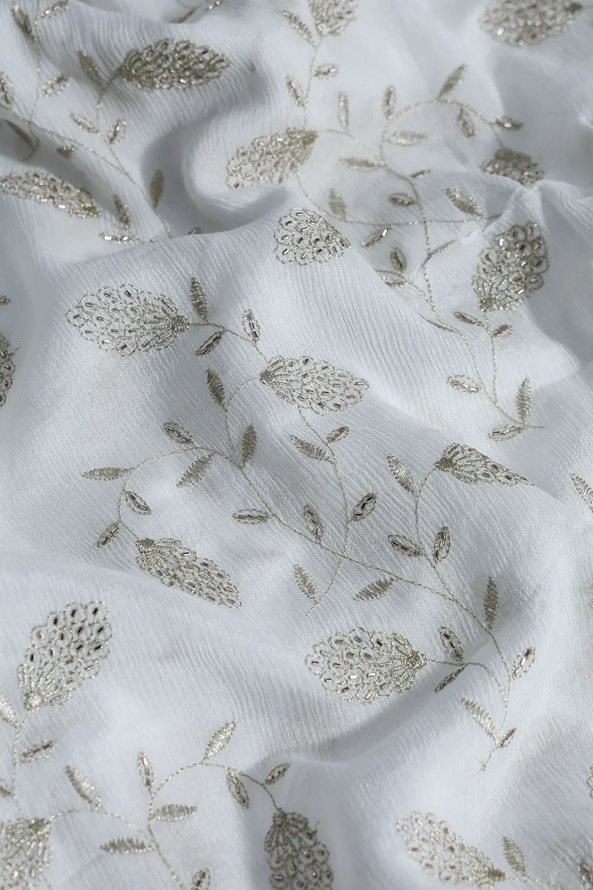 Gold Zari With Beads Leafy Embroidery Work On Dyeable White Chinnon Chiffon Fabric