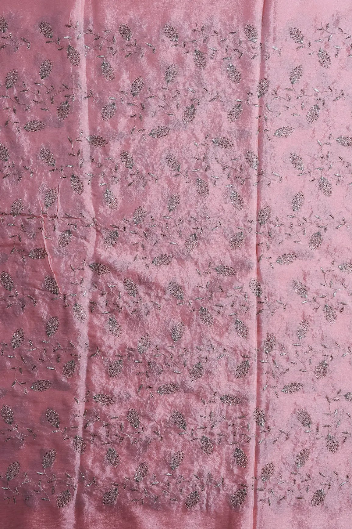 Gold Zari With Beads Leafy Embroidery Work On Light Pink Chinnon Chiffon Fabric