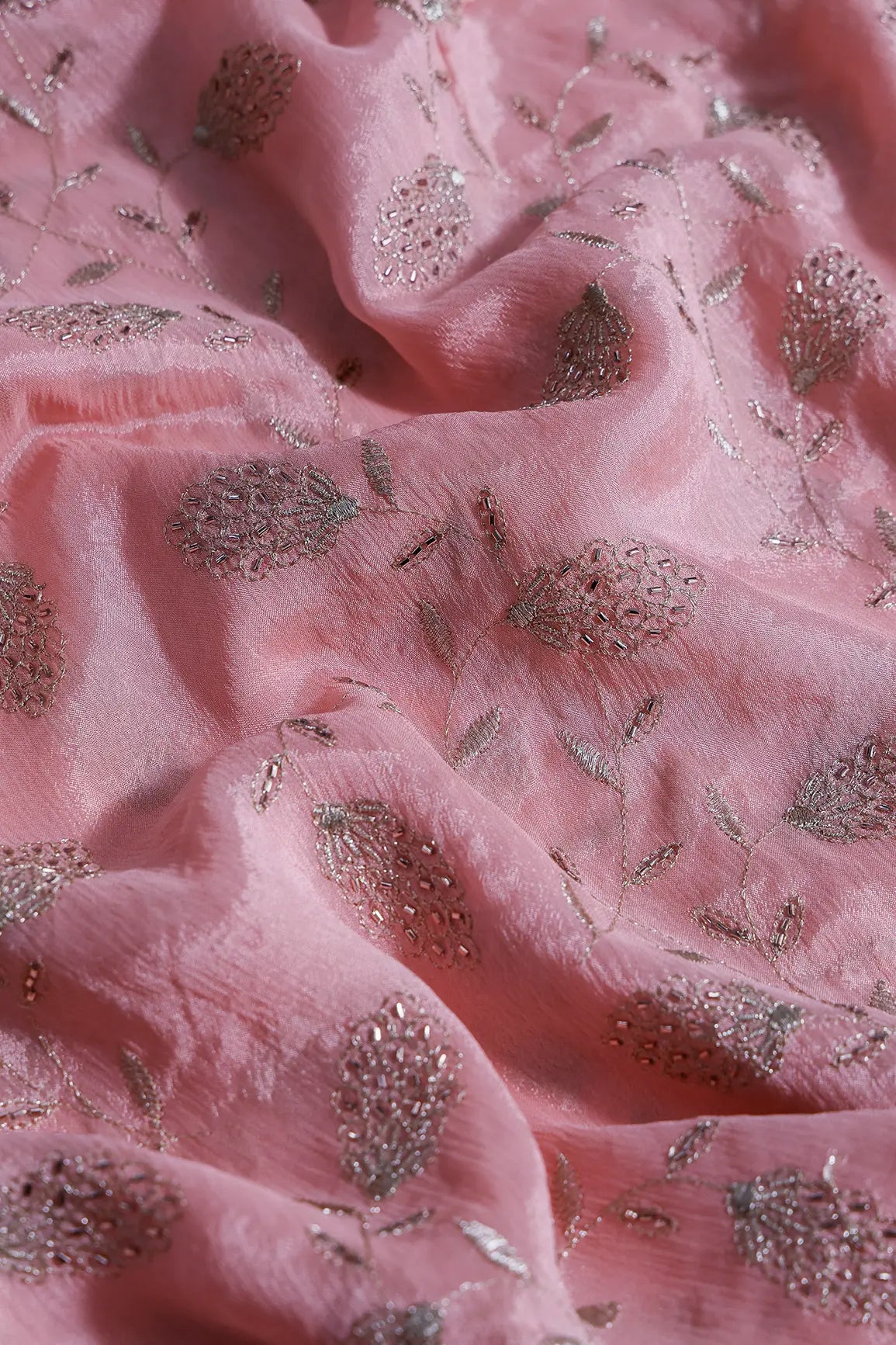 Gold Zari With Beads Leafy Embroidery Work On Light Pink Chinnon Chiffon Fabric