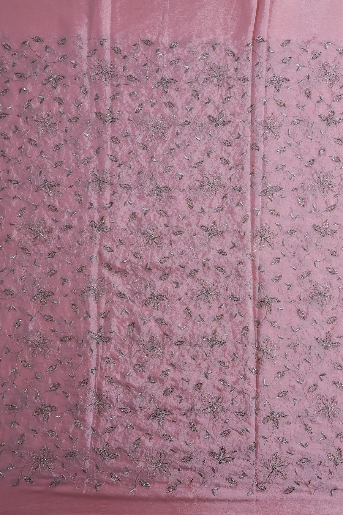 Multi Sequins & Beads With Zari Floral Leafy Embroidery Work On Light Pink Chinnon Chiffon Fabric