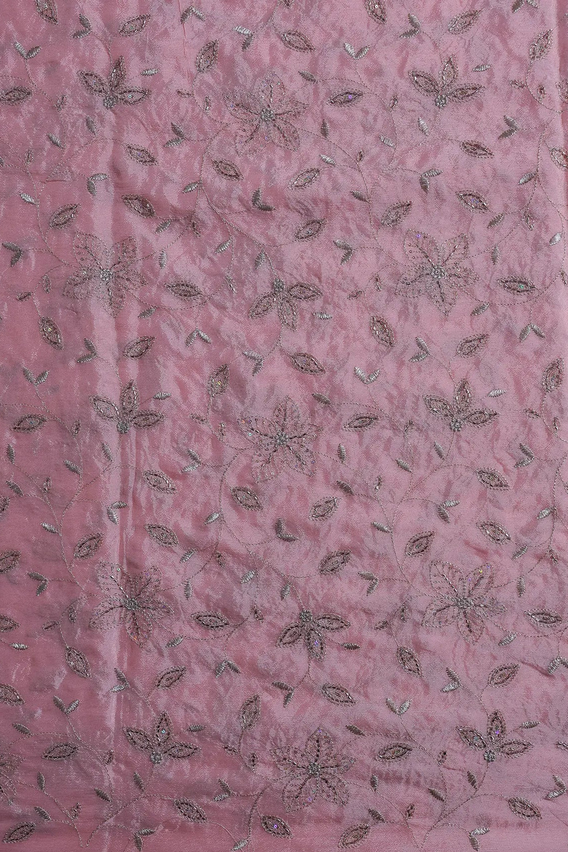 Multi Sequins & Beads With Zari Floral Leafy Embroidery Work On Light Pink Chinnon Chiffon Fabric
