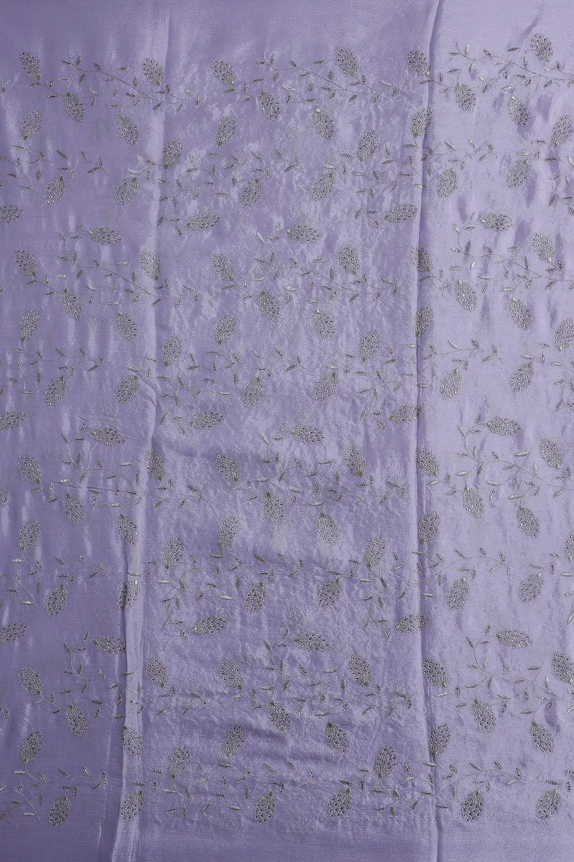 Gold Zari With Beads Leafy Embroidery Work On Lavender Chinnon Chiffon Fabric