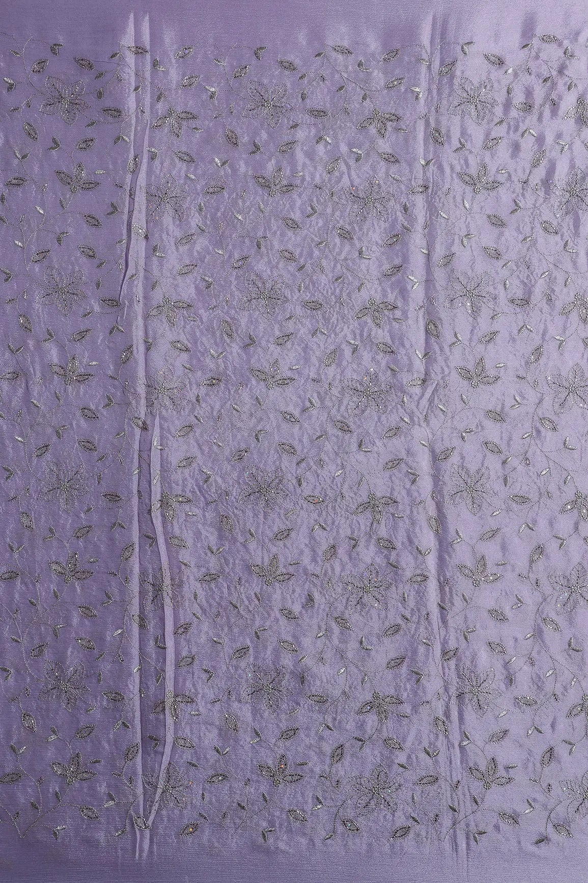 Multi Sequins & Beads With Zari Floral Leafy Embroidery Work On Lavender Chinnon Chiffon Fabric