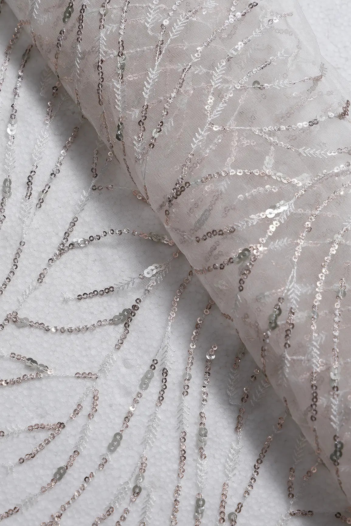 1 Meter Cut Piece Of Gold And Silver Sequins With White Thread Wavy Embroidery On White Soft Net Fabric
