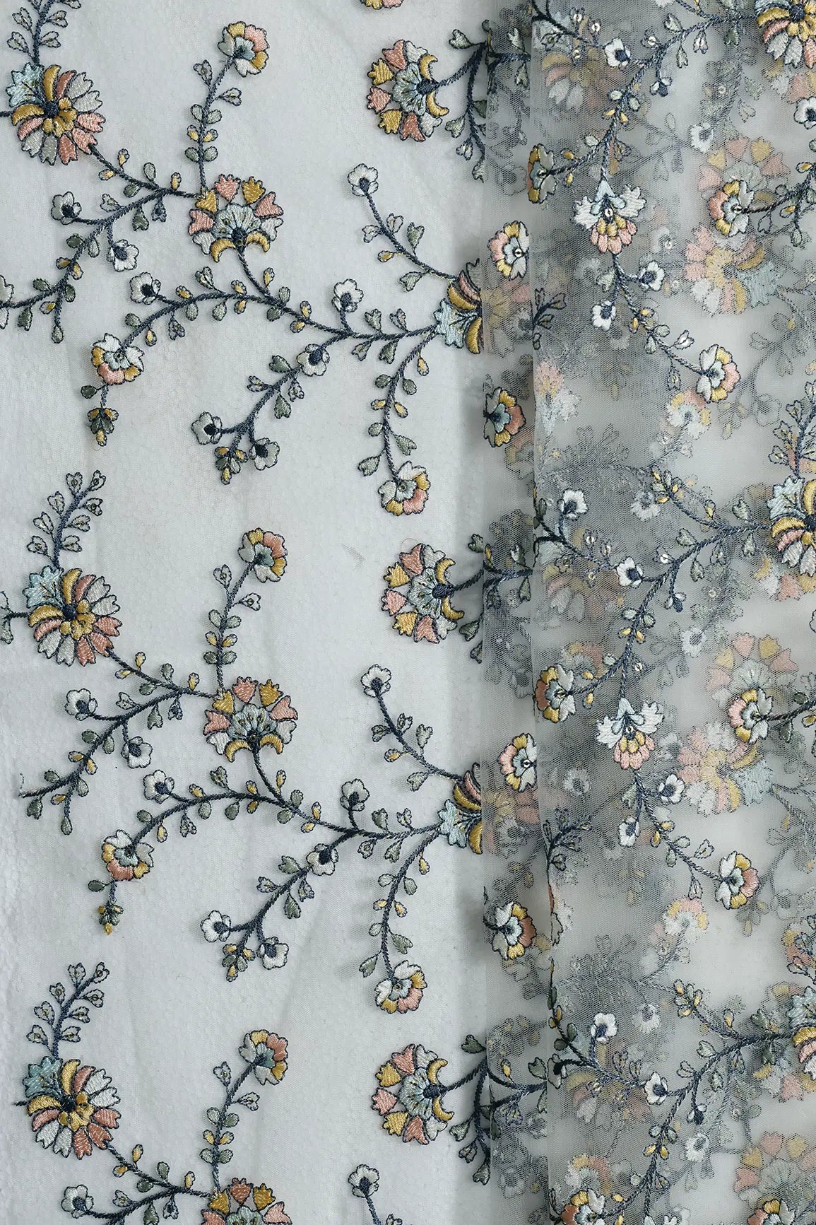 0.70 Meter Cut Piece Of Multi Thread With Gold Sequins Floral Embroidery On Light Olive Soft Net Fabric