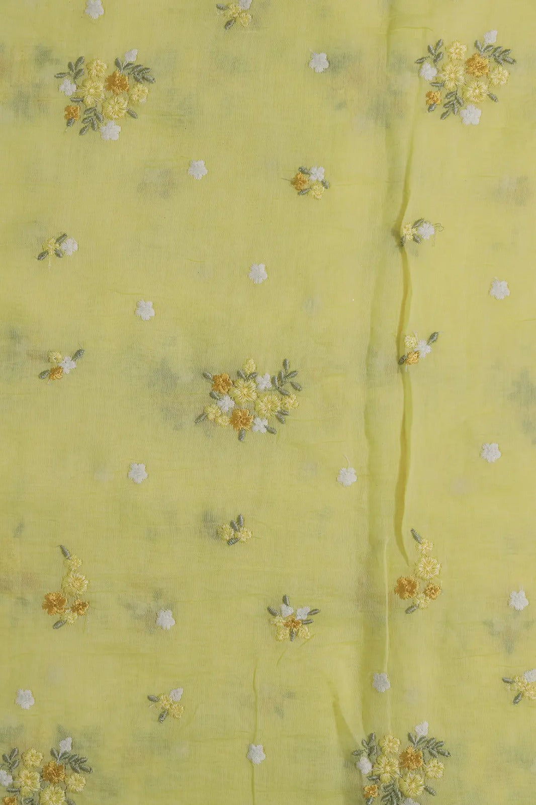 Beautiful Multi Thread Floral Embroidery Work On Yellow Pure Mul Chanderi Silk Fabric