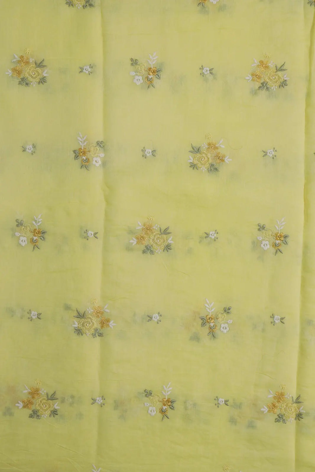 Beautiful Multi Thread Floral Embroidery Work On Yellow Pure Mul Chanderi Silk Fabric