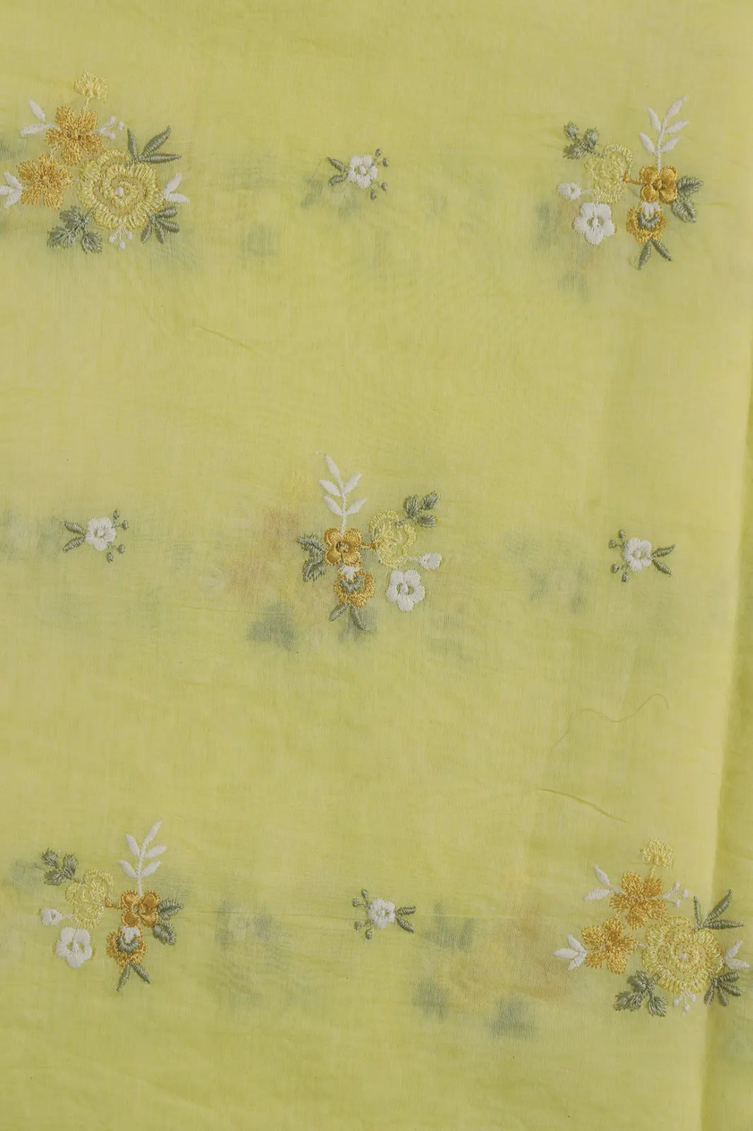Beautiful Multi Thread Floral Embroidery Work On Yellow Pure Mul Chanderi Silk Fabric