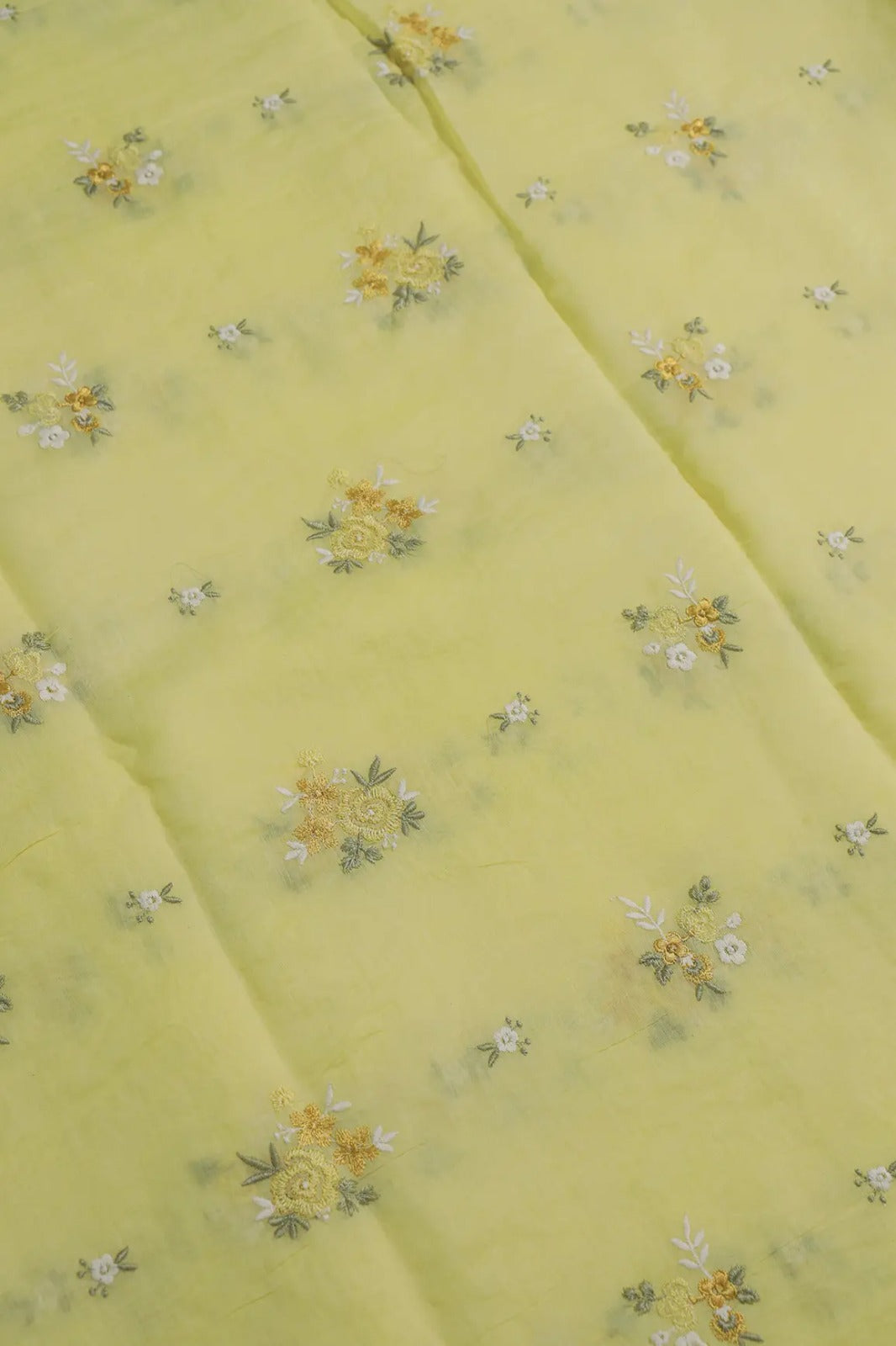 Beautiful Multi Thread Floral Embroidery Work On Yellow Pure Mul Chanderi Silk Fabric
