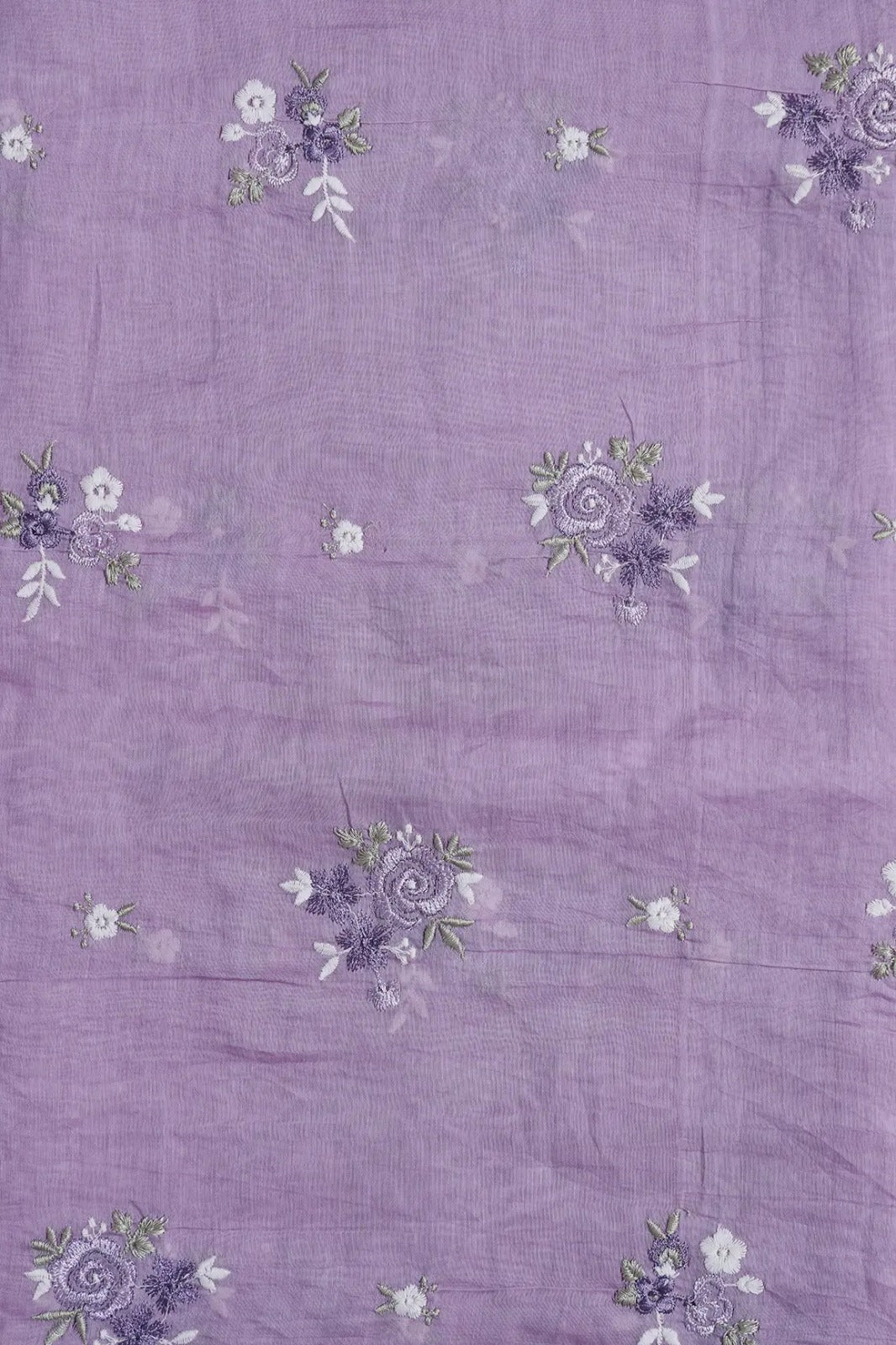 Beautiful Multi Thread Floral Embroidery Work On Lilac Pure Mul Chanderi Silk Fabric