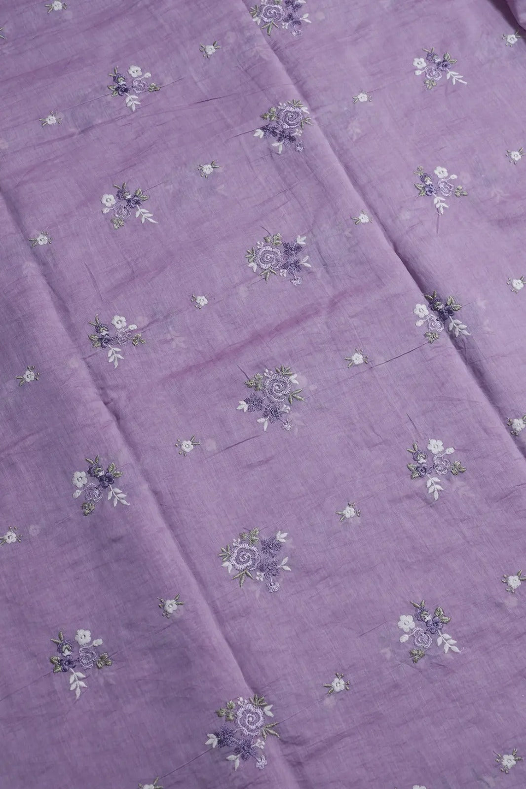 Beautiful Multi Thread Floral Embroidery Work On Lilac Pure Mul Chanderi Silk Fabric