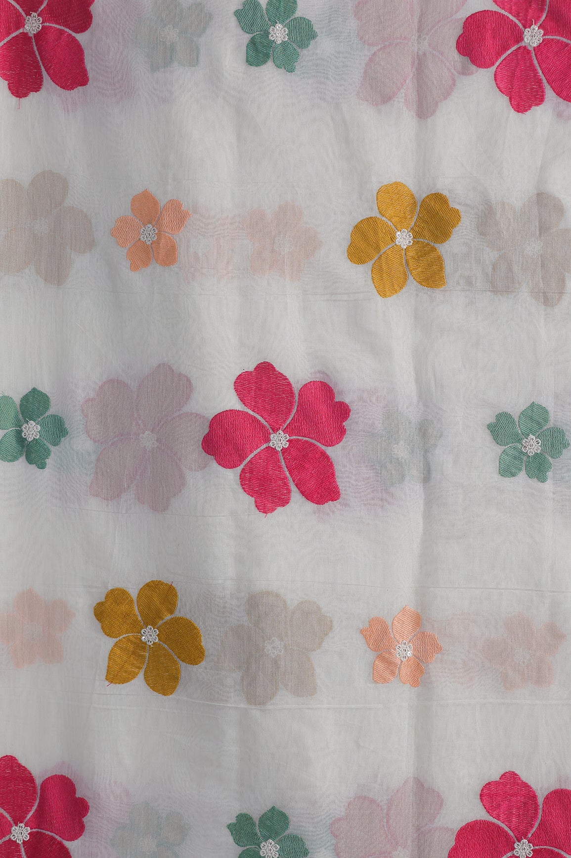 Multi Thread Flower Embroidery On White Pure Mul Chanderi Silk Fabric