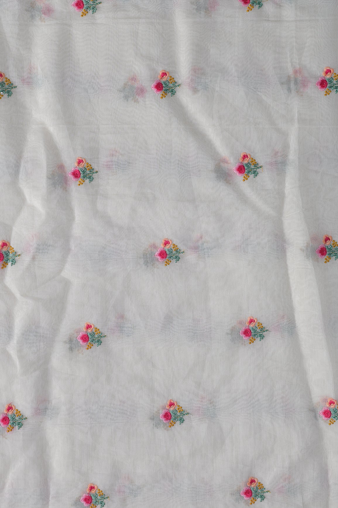 Multi Thread Flower Embroidery On White Pure Mul Chanderi Silk Fabric