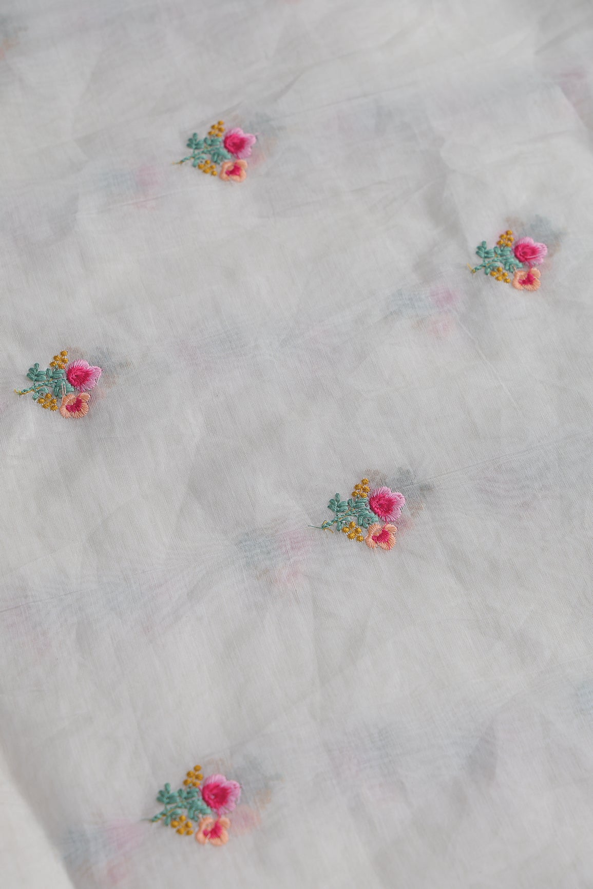 Multi Thread Flower Embroidery On White Pure Mul Chanderi Silk Fabric