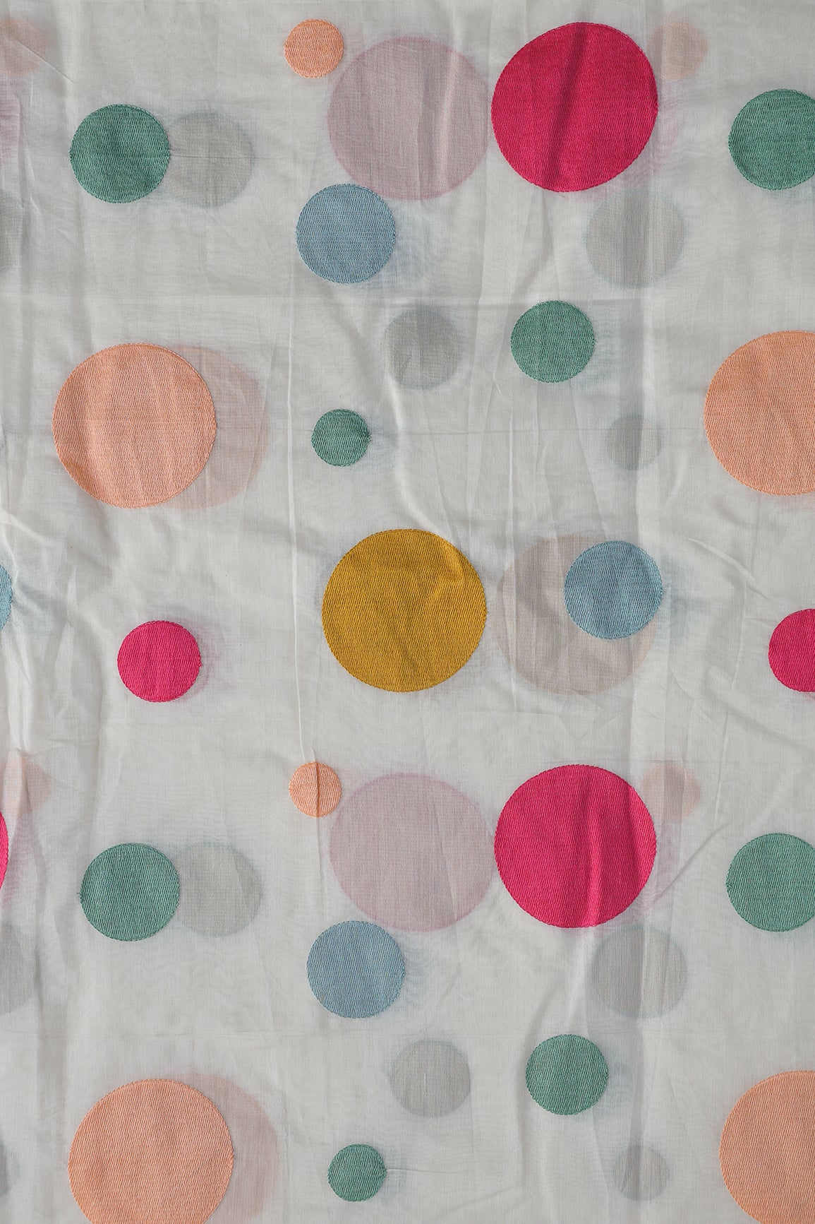 Multi Thread Circle Embroidery On White Pure Mul Chanderi Silk Fabric