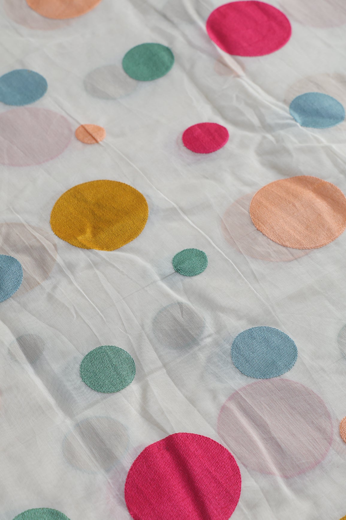 Multi Thread Circle Embroidery On White Pure Mul Chanderi Silk Fabric
