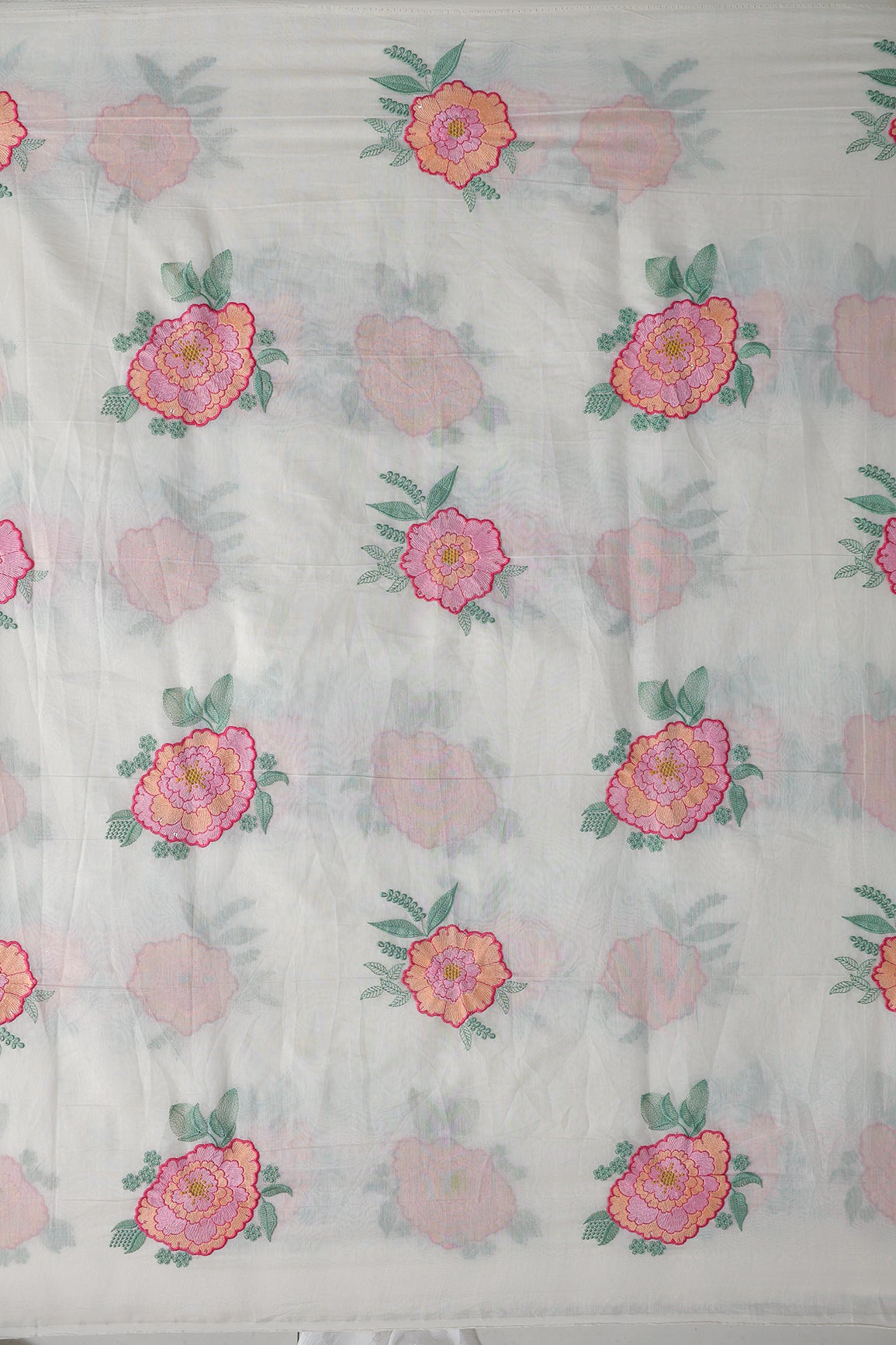 Multi Thread Big Flower Embroidery On White Pure Mul Chanderi Silk Fabric