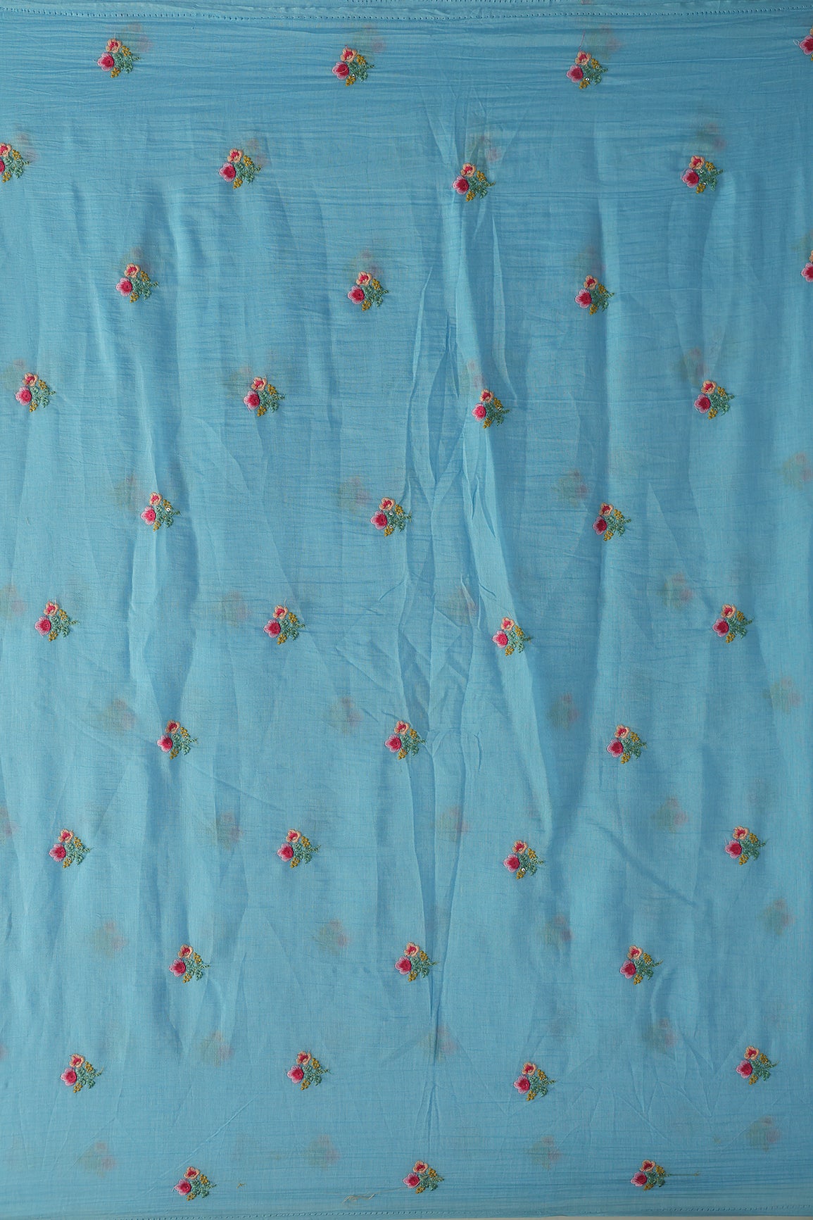Multi Thread Flower Embroidery On Sky Blue Pure Mul Chanderi Silk Fabric