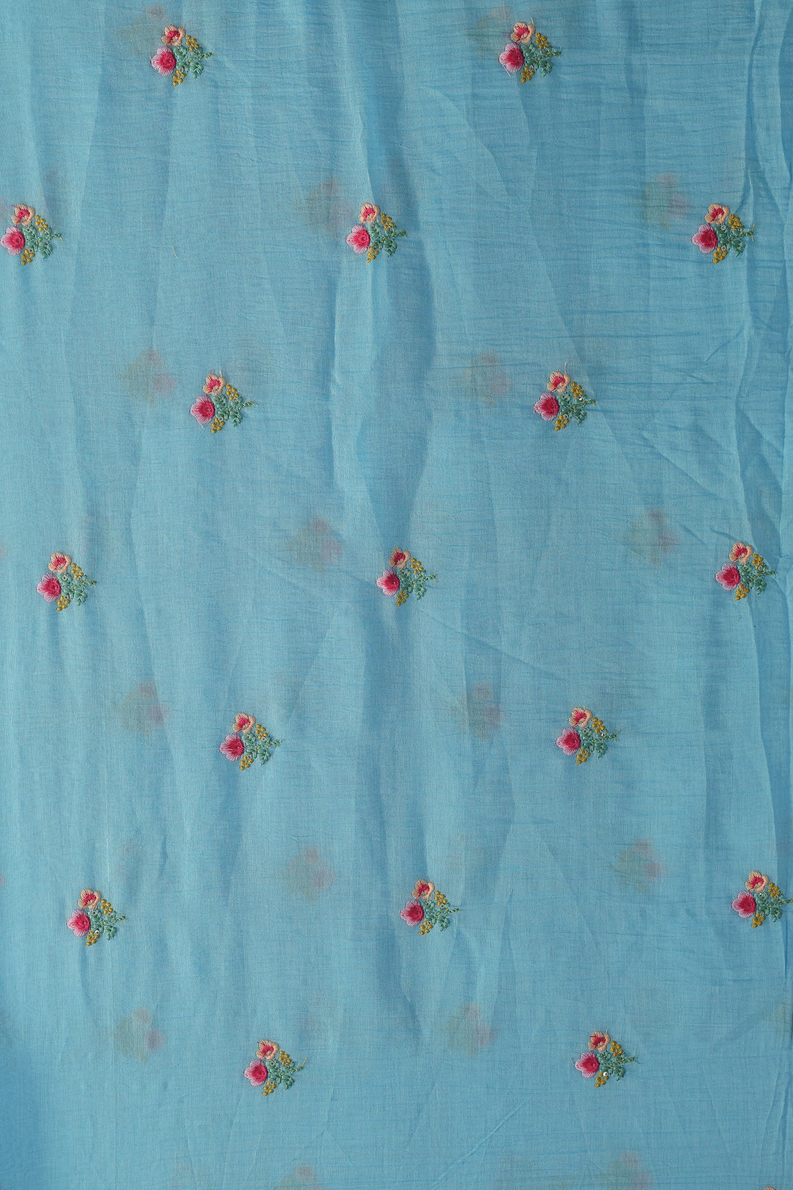 Multi Thread Flower Embroidery On Sky Blue Pure Mul Chanderi Silk Fabric