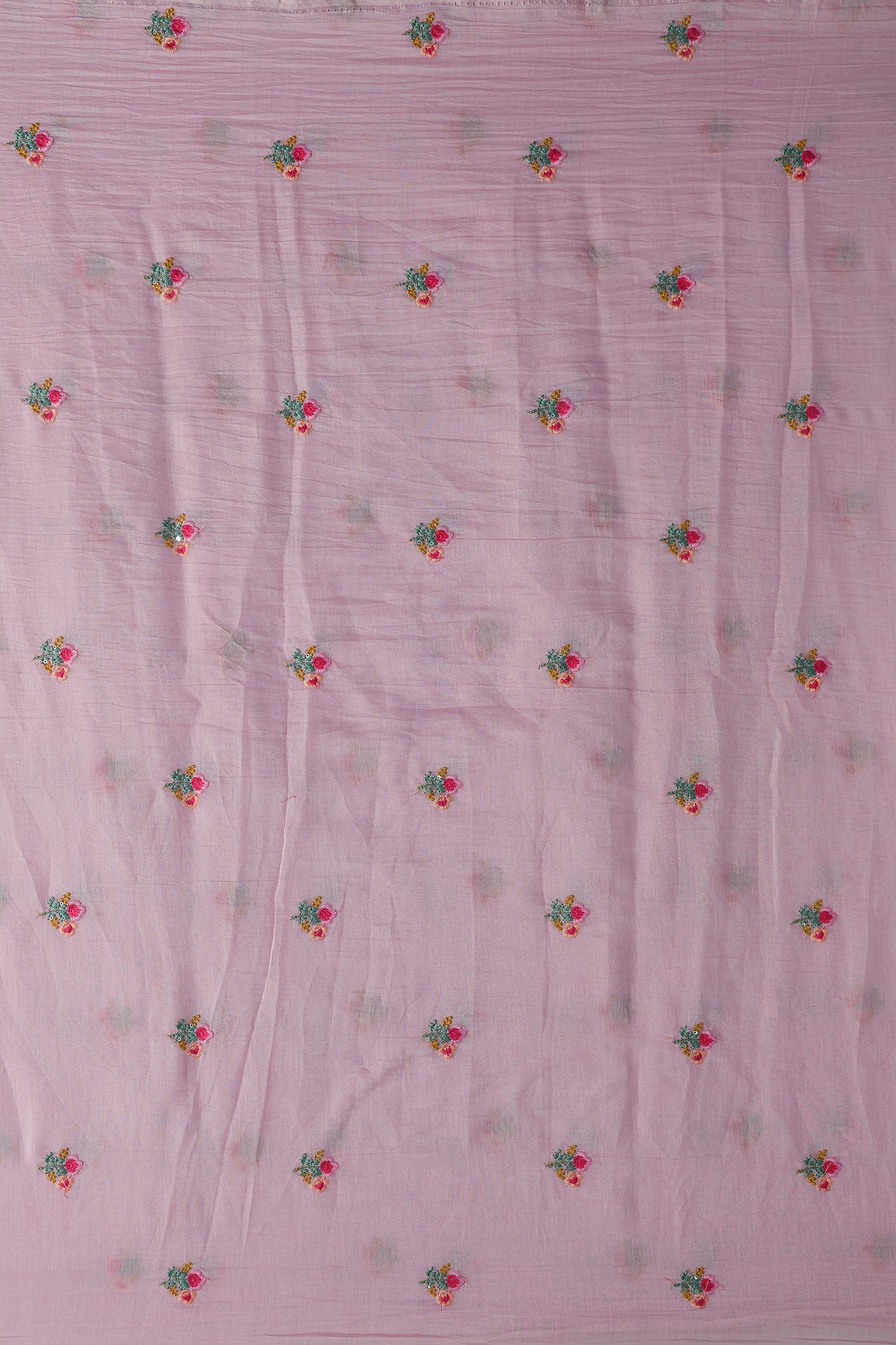Multi Thread Flower Embroidery On Pink Pure Mul Chanderi Silk Fabric