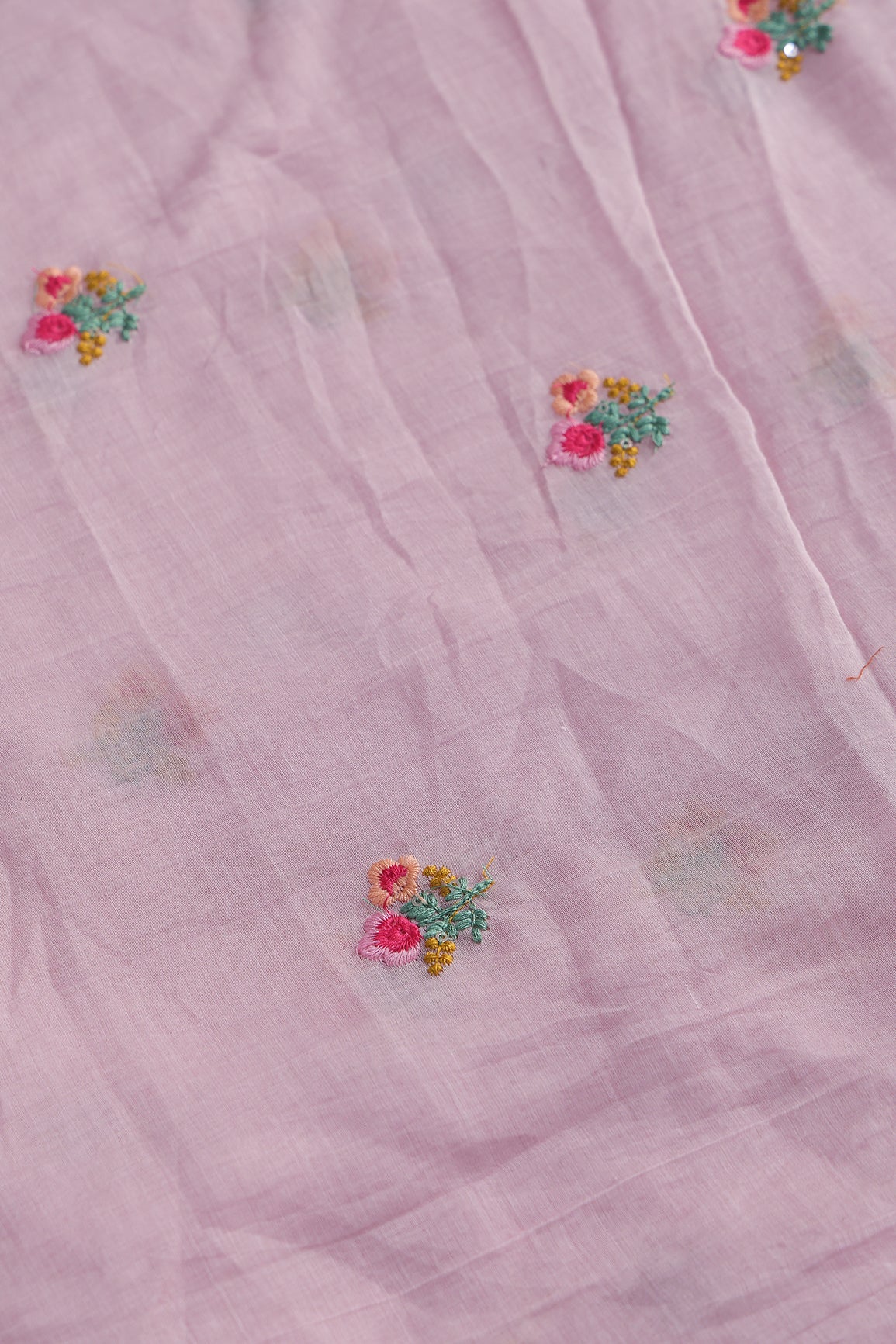 Multi Thread Flower Embroidery On Pink Pure Mul Chanderi Silk Fabric