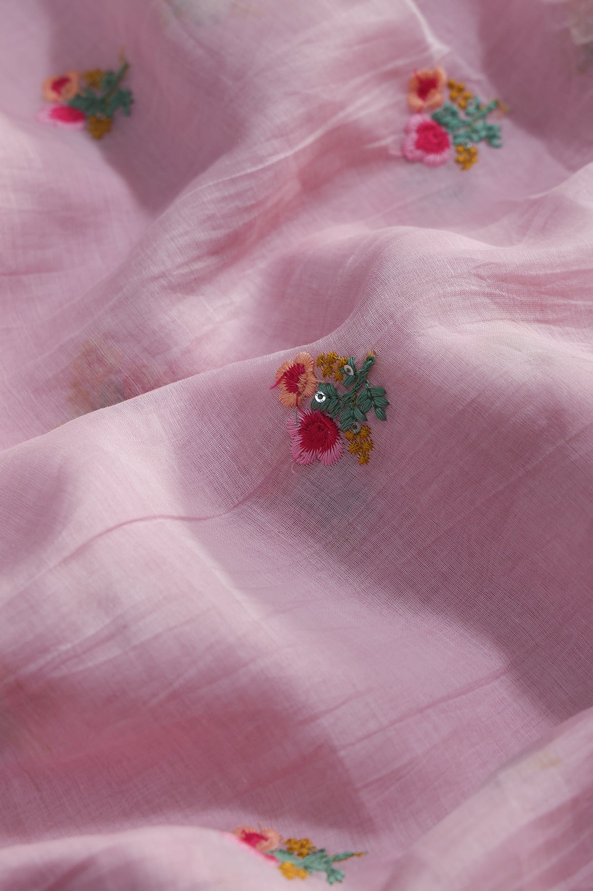 Multi Thread Flower Embroidery On Pink Pure Mul Chanderi Silk Fabric