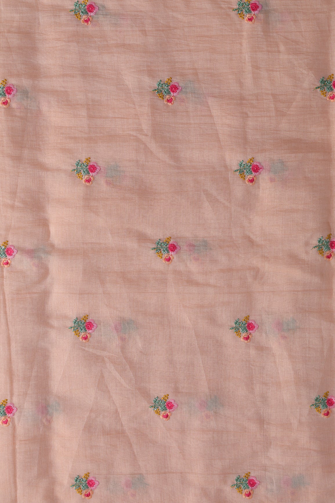 Multi Thread Flower Embroidery On Peach Pure Mul Chanderi Silk Fabric
