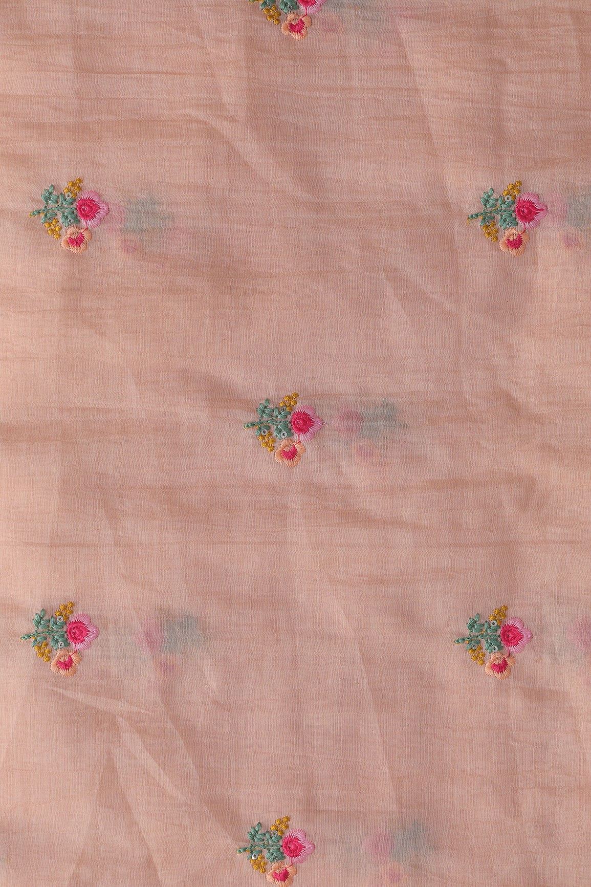 Multi Thread Flower Embroidery On Peach Pure Mul Chanderi Silk Fabric