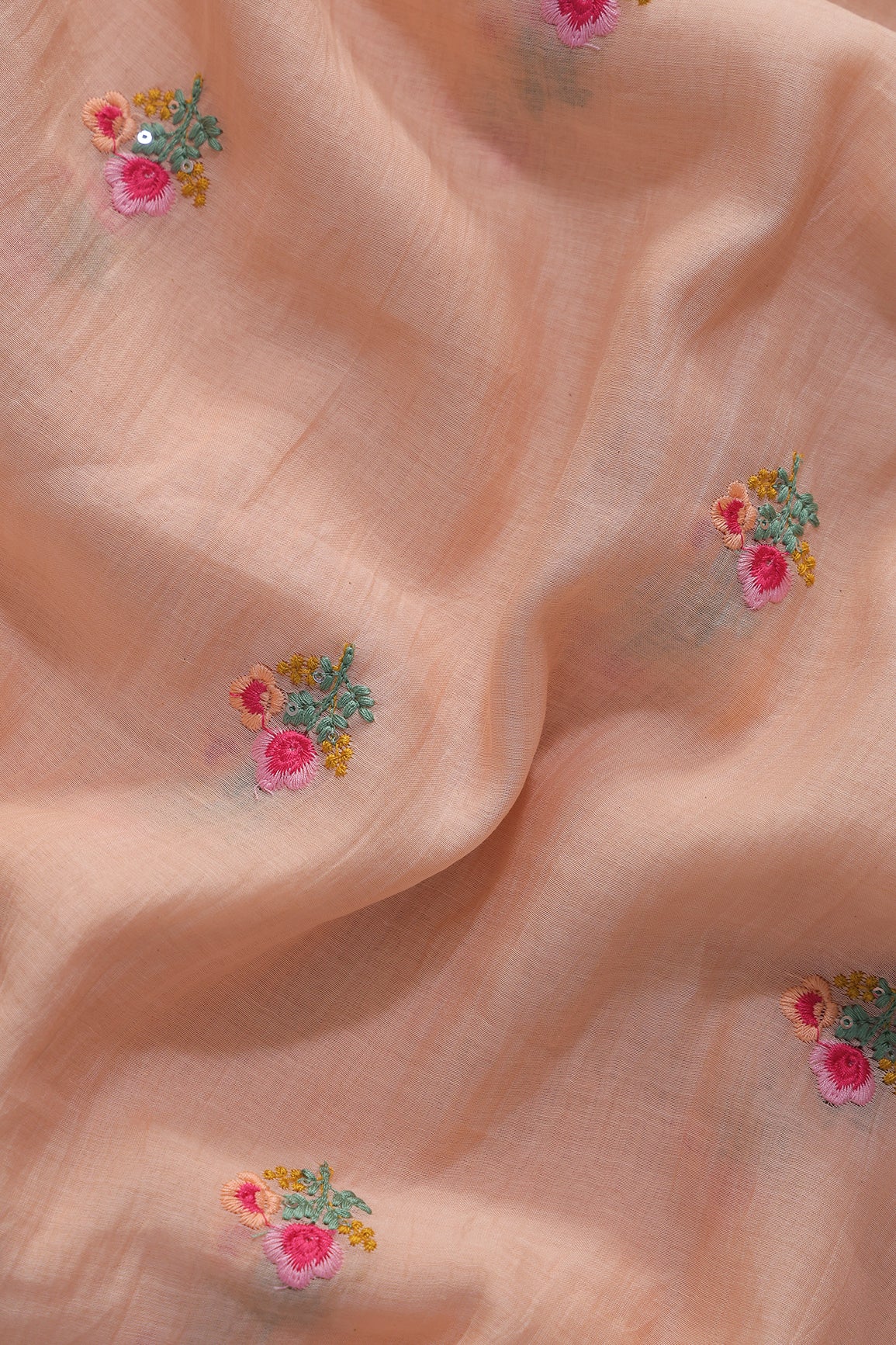 Multi Thread Flower Embroidery On Peach Pure Mul Chanderi Silk Fabric