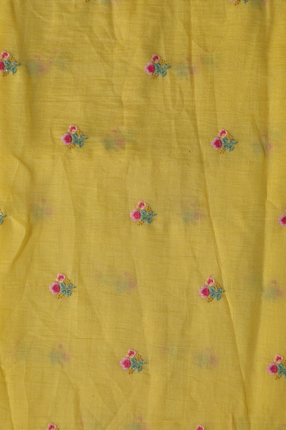 Multi Thread Flower Embroidery On Yellow Pure Mul Chanderi Silk Fabric