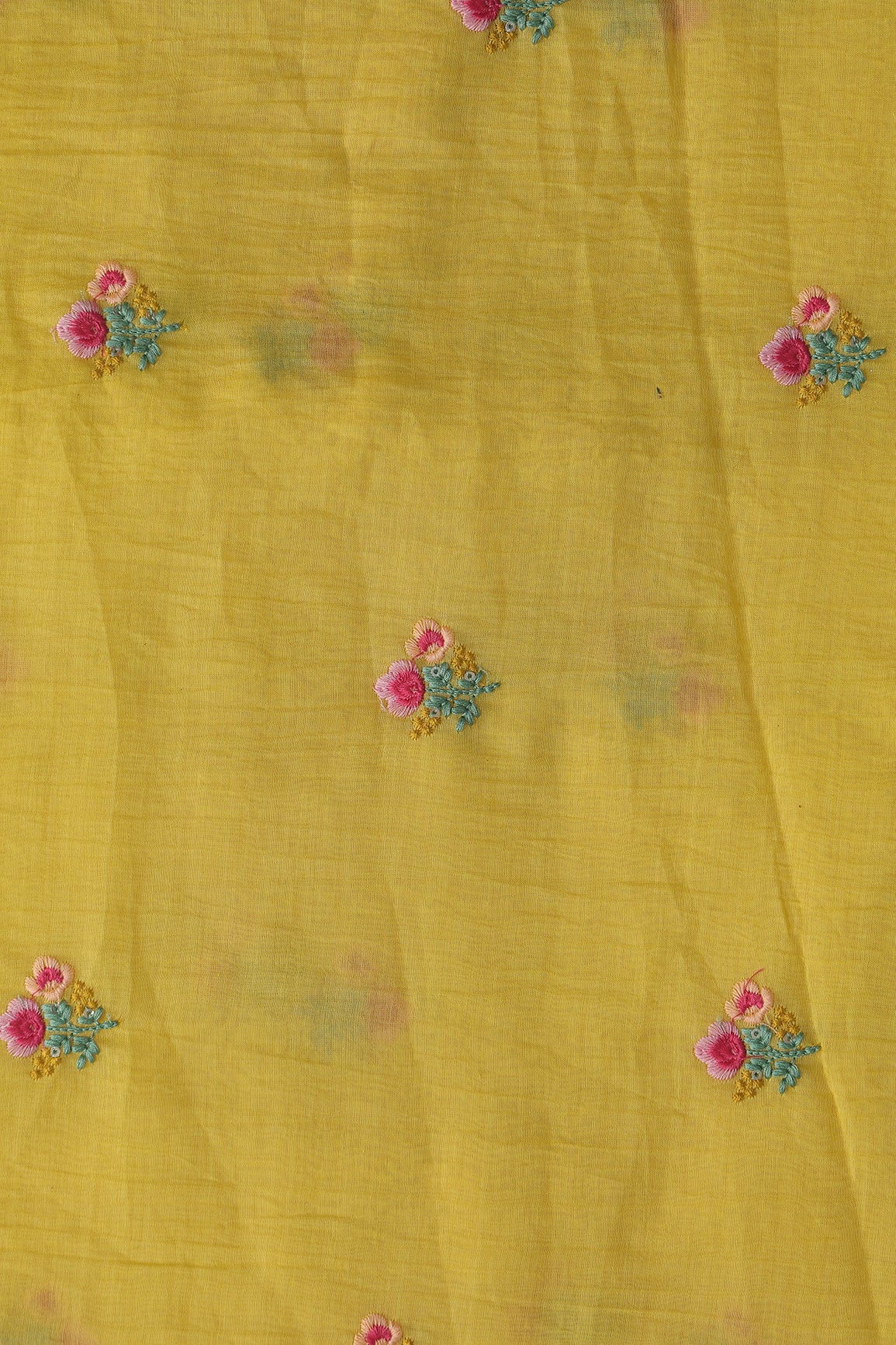 Multi Thread Flower Embroidery On Yellow Pure Mul Chanderi Silk Fabric