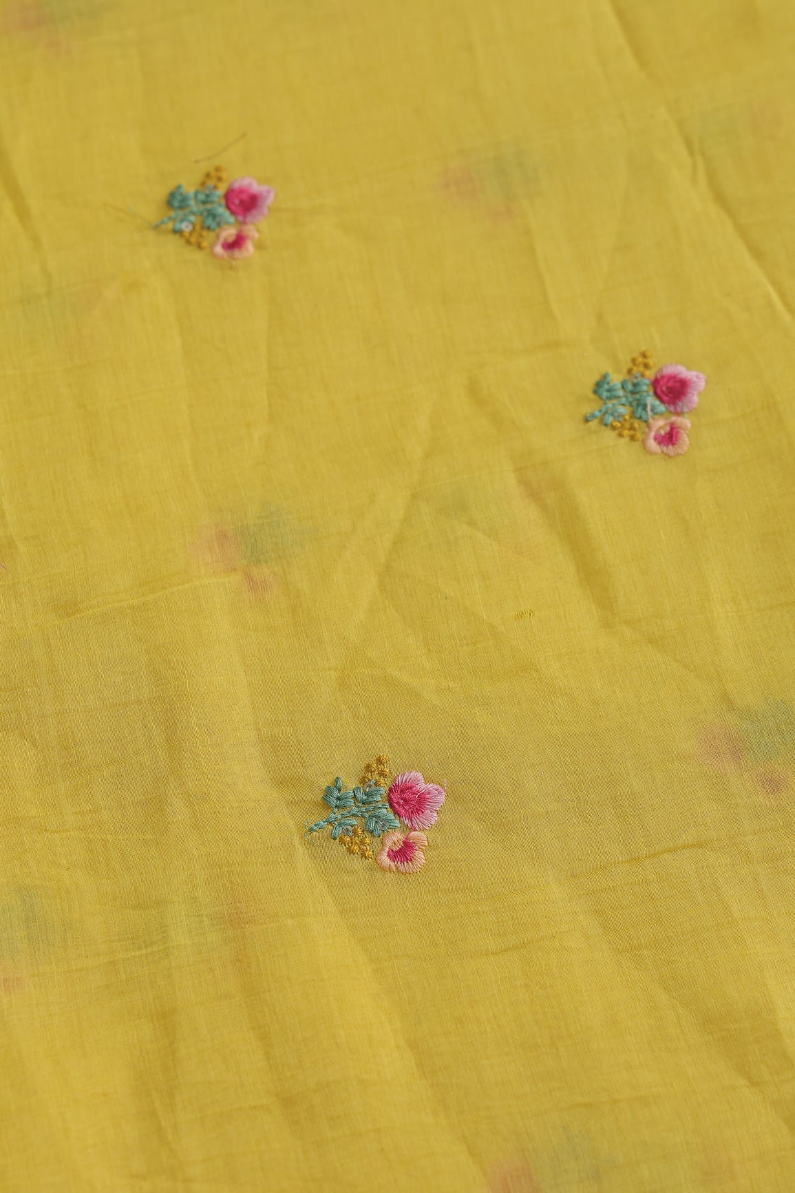 Multi Thread Flower Embroidery On Yellow Pure Mul Chanderi Silk Fabric