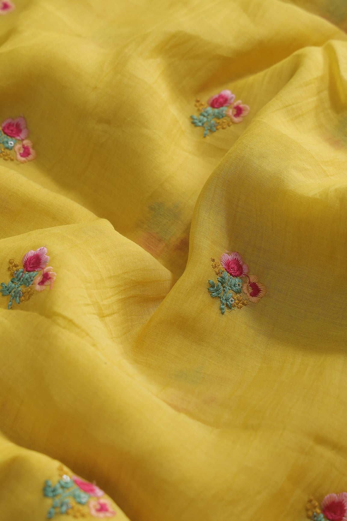 Multi Thread Flower Embroidery On Yellow Pure Mul Chanderi Silk Fabric