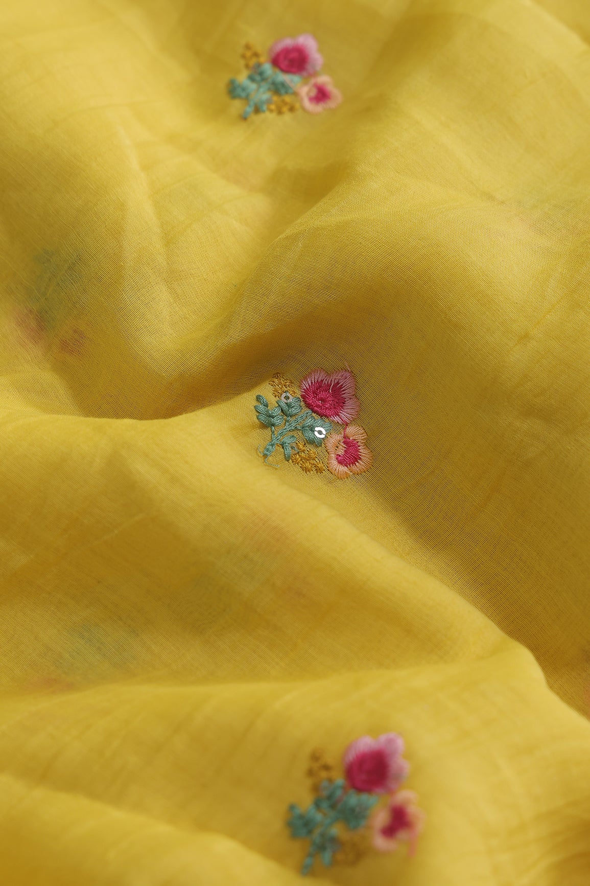 Multi Thread Flower Embroidery On Yellow Pure Mul Chanderi Silk Fabric