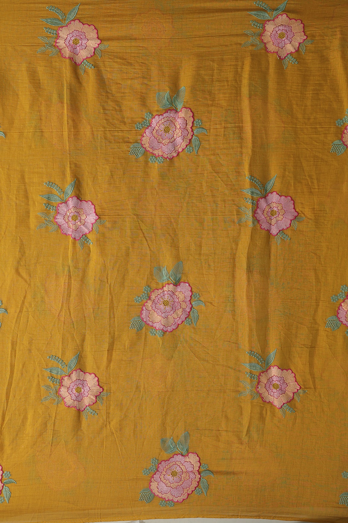 Multi Thread Big Flower Embroidery On Mustard Pure Mul Chanderi Silk Fabric