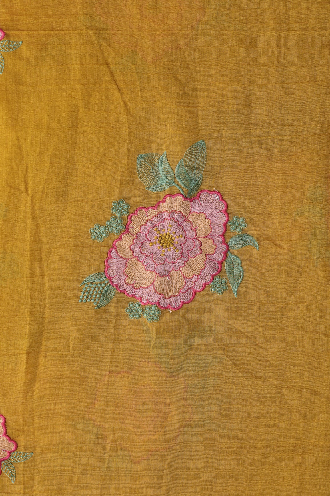 Multi Thread Big Flower Embroidery On Mustard Pure Mul Chanderi Silk Fabric